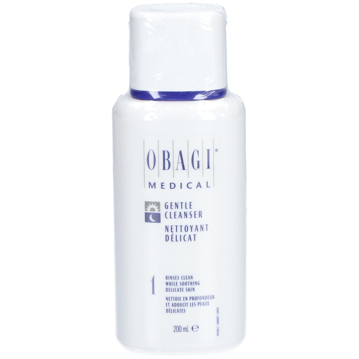 Flacon blanc avec bande bleue et bouchon blanc. Inscription: OBAGI MEDICAL, Gentle Cleanser, 200ml.