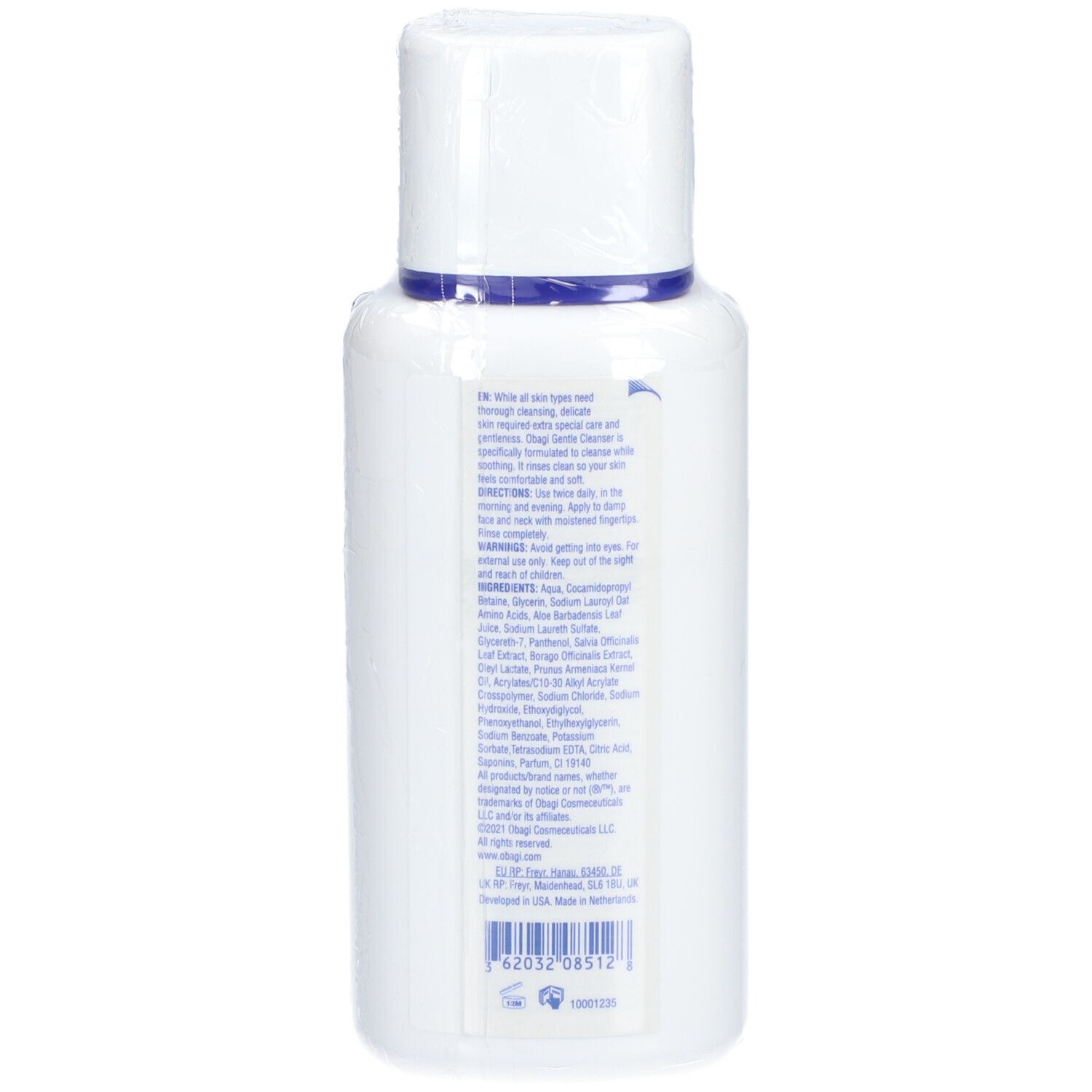 Dos du flacon blanc. Texte avec ingrédients et instructions d'utilisation. Marque OBAGI MEDICAL.