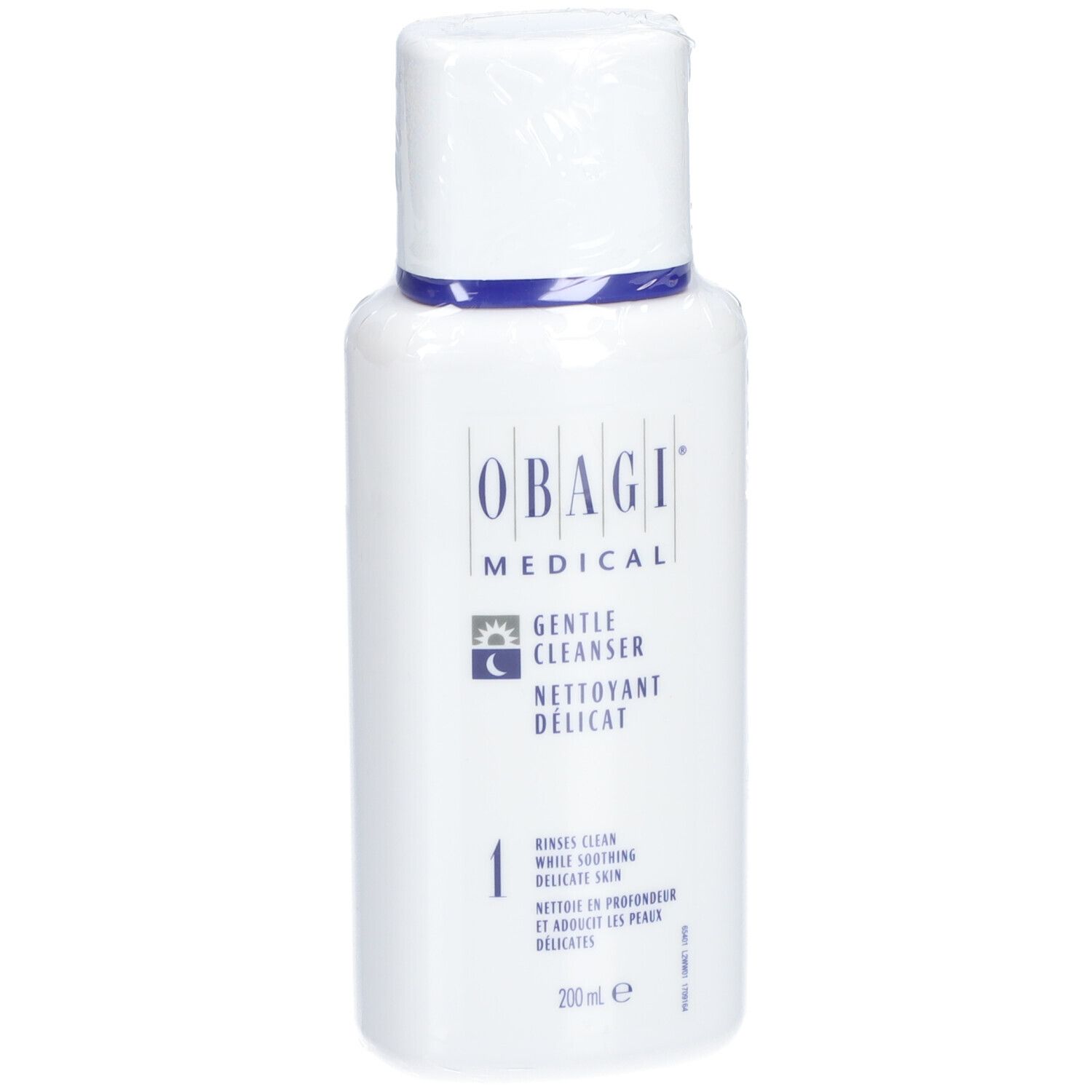 Flacon blanc avec bande bleue et bouchon blanc. Inscription: OBAGI MEDICAL, Gentle Cleanser, 200ml.