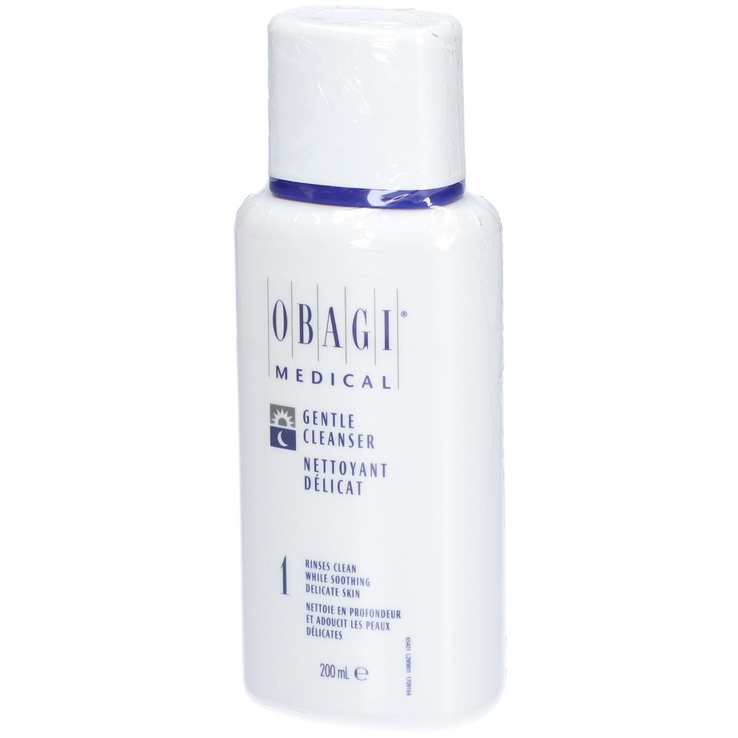 Flacon blanc avec bande bleue et bouchon blanc. Inscription: OBAGI MEDICAL, Gentle Cleanser, 200ml.