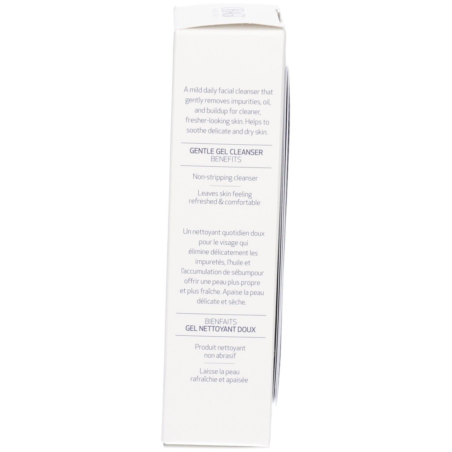 Seite der OBAGI Nu-Derm Gentle Cleanser Verpackungsschachtel mit Vorteilen.