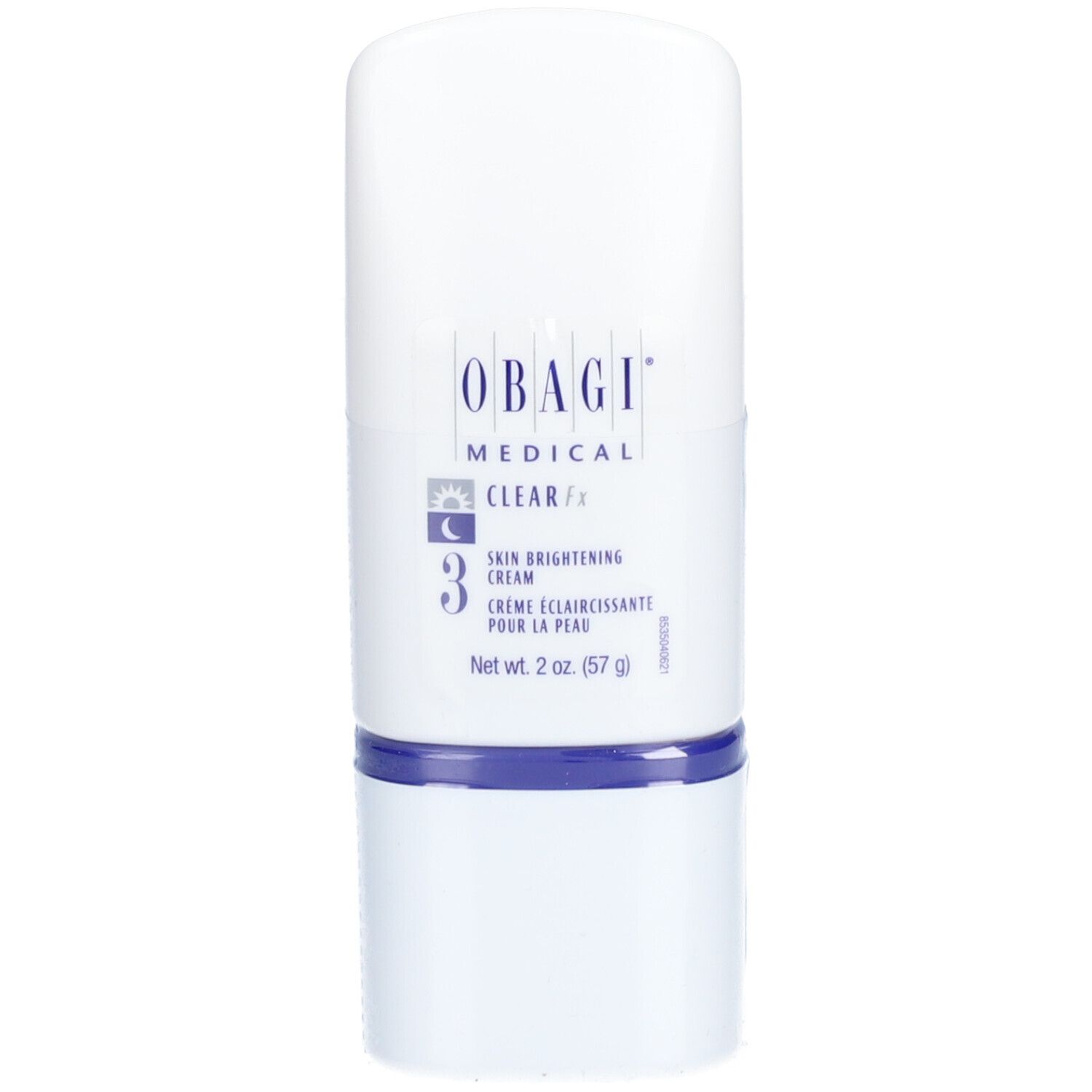 Weiße Creme-Tube mit blauem Akzent. Oben: Obagi Medical, Clear Fx, Skin Brightening Cream. Unten: 2 oz (57 g).