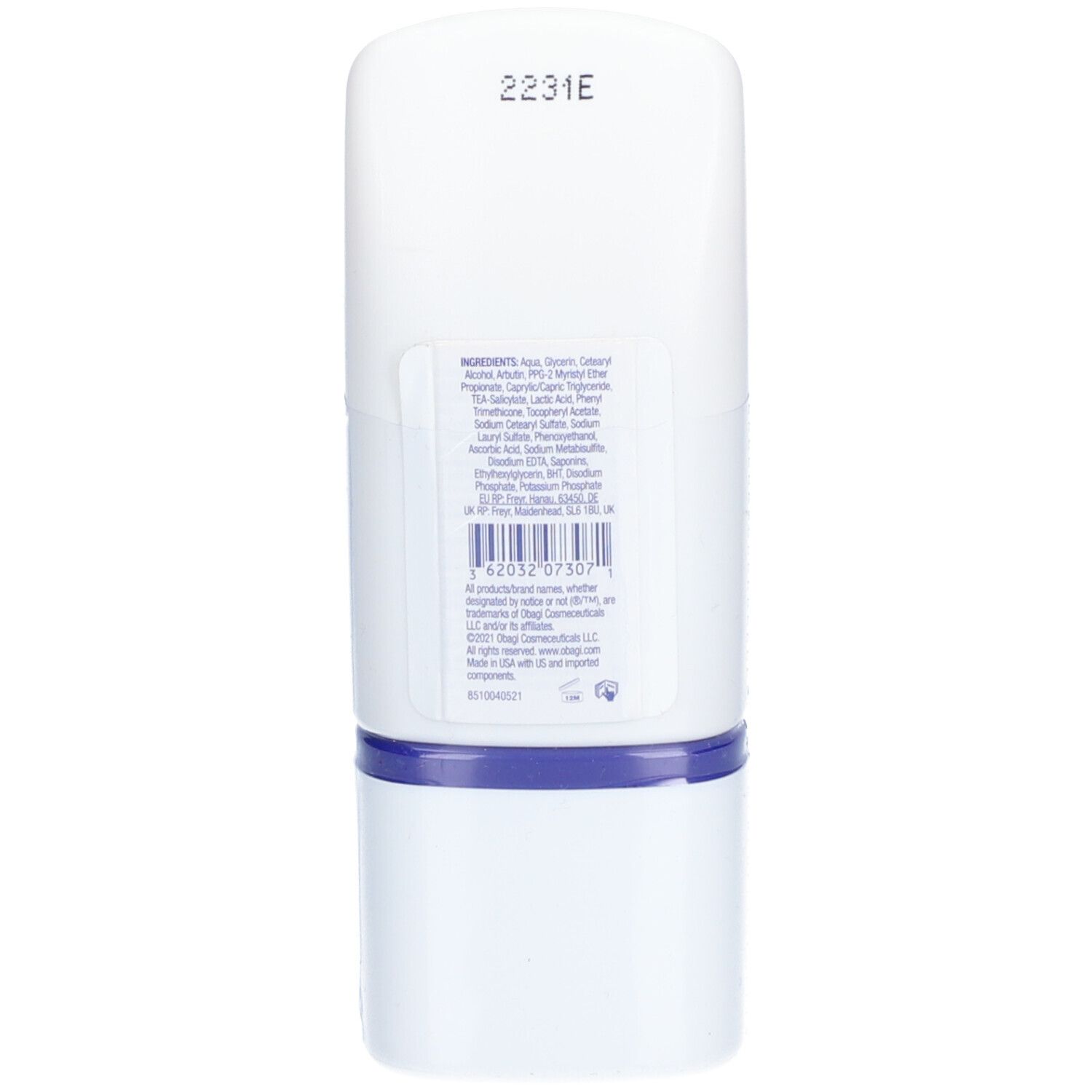 Rückseite der Flasche. Weiß mit blauem Band. Aufschrift: Inhaltsstoffe, 2231E, Barcode. Hergestellt in den USA.