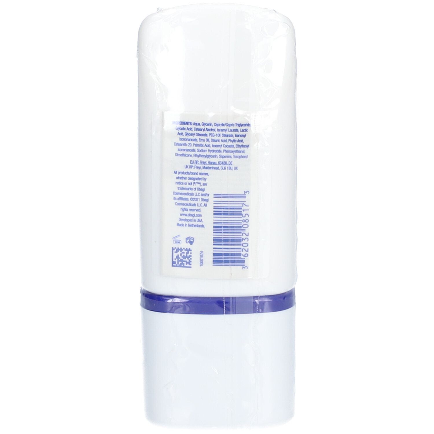 Dos de la tube Obagi Medical Exfoderm Forte. Ingrédients et code-barres. Fond blanc.