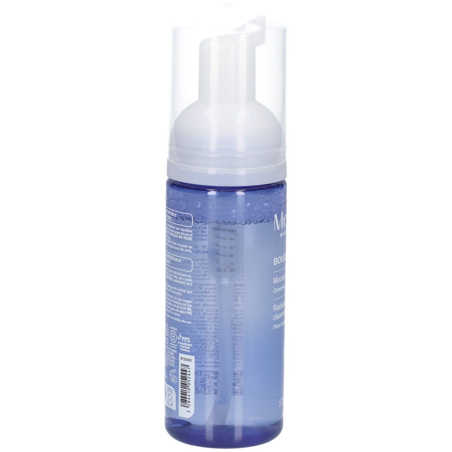 Melvita Reinigungsschaum, blaue Flasche, Seitenansicht mit Etikett.