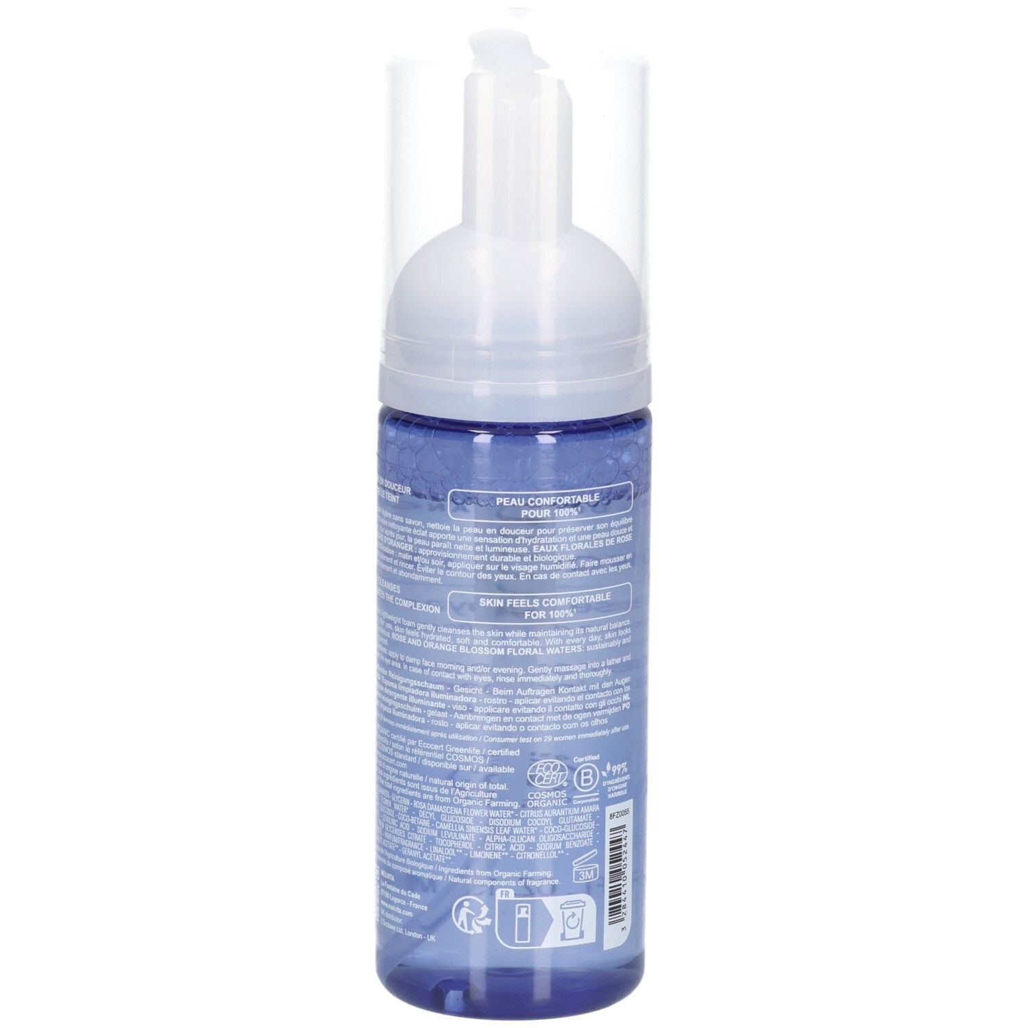 Melvita Reinigungsschaum, blaue Flasche, Rückansicht mit Etikett.