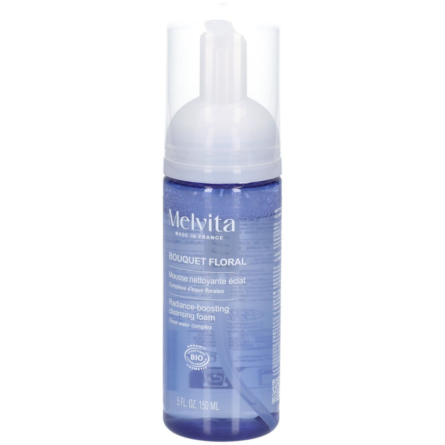Melvita Reinigungsschaum, blaue Flasche, Vorderansicht mit Etikett.