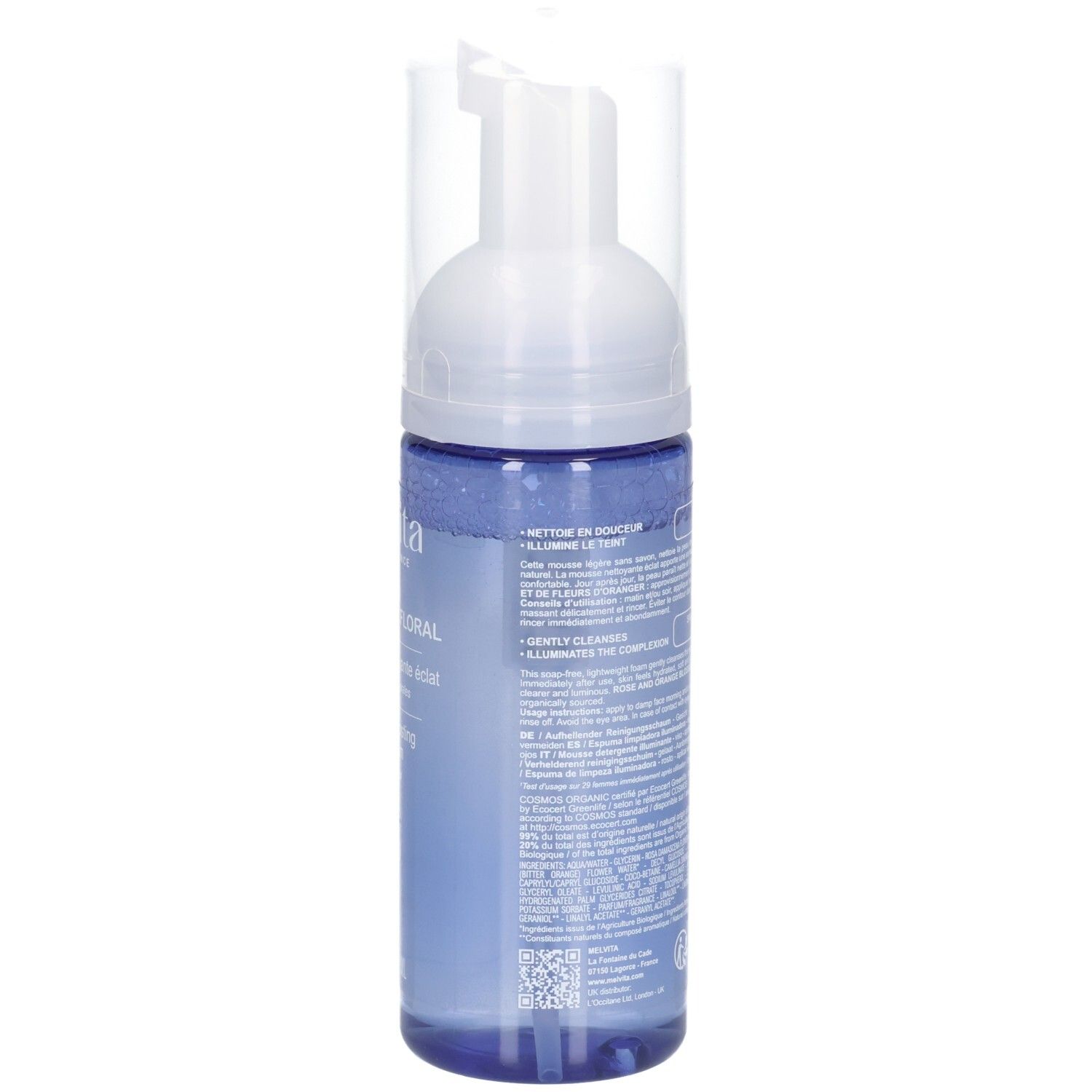 Melvita Reinigungsschaum, blaue Flasche, Seitenansicht mit Etikett.
