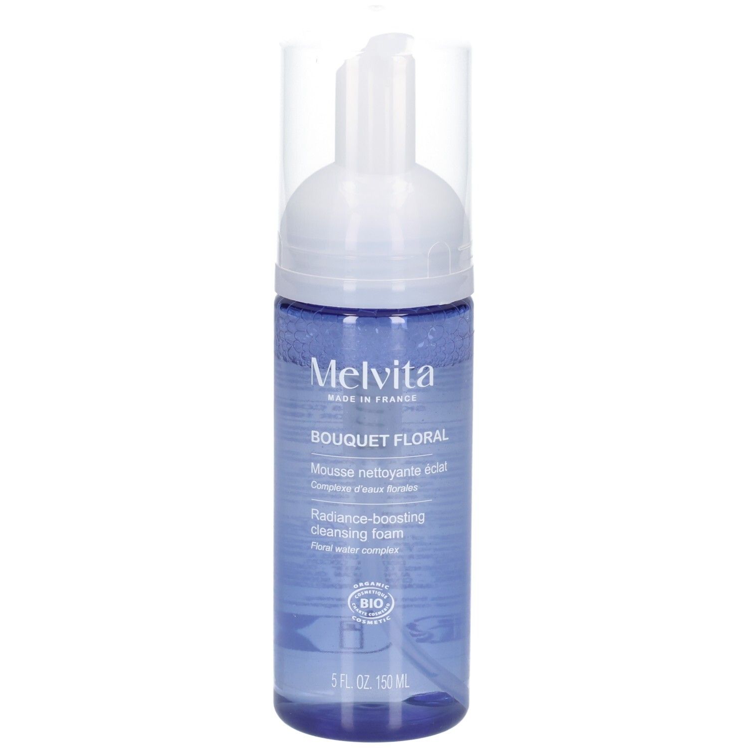 Melvita Reinigungsschaum, blaue Flasche, Vorderansicht mit Etikett.