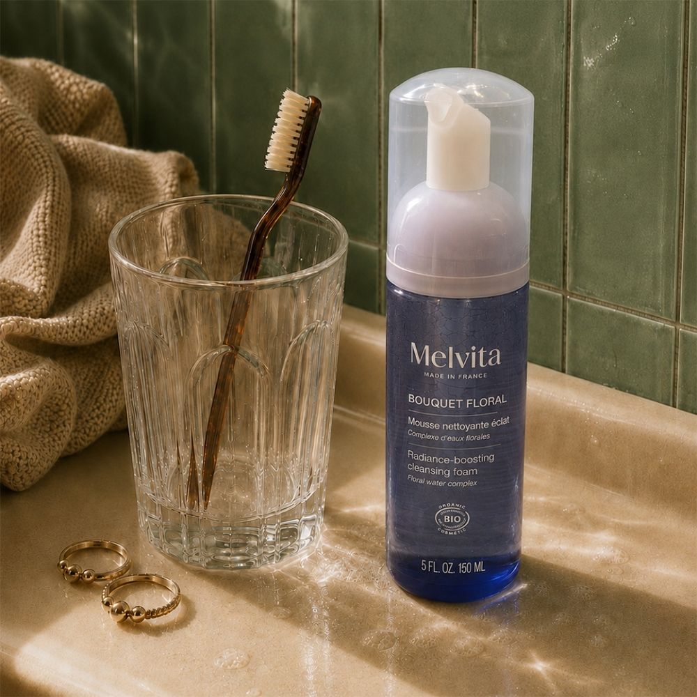 Melvita Reinigungsschaum neben einem Glas mit Zahnbürste und Ringen.