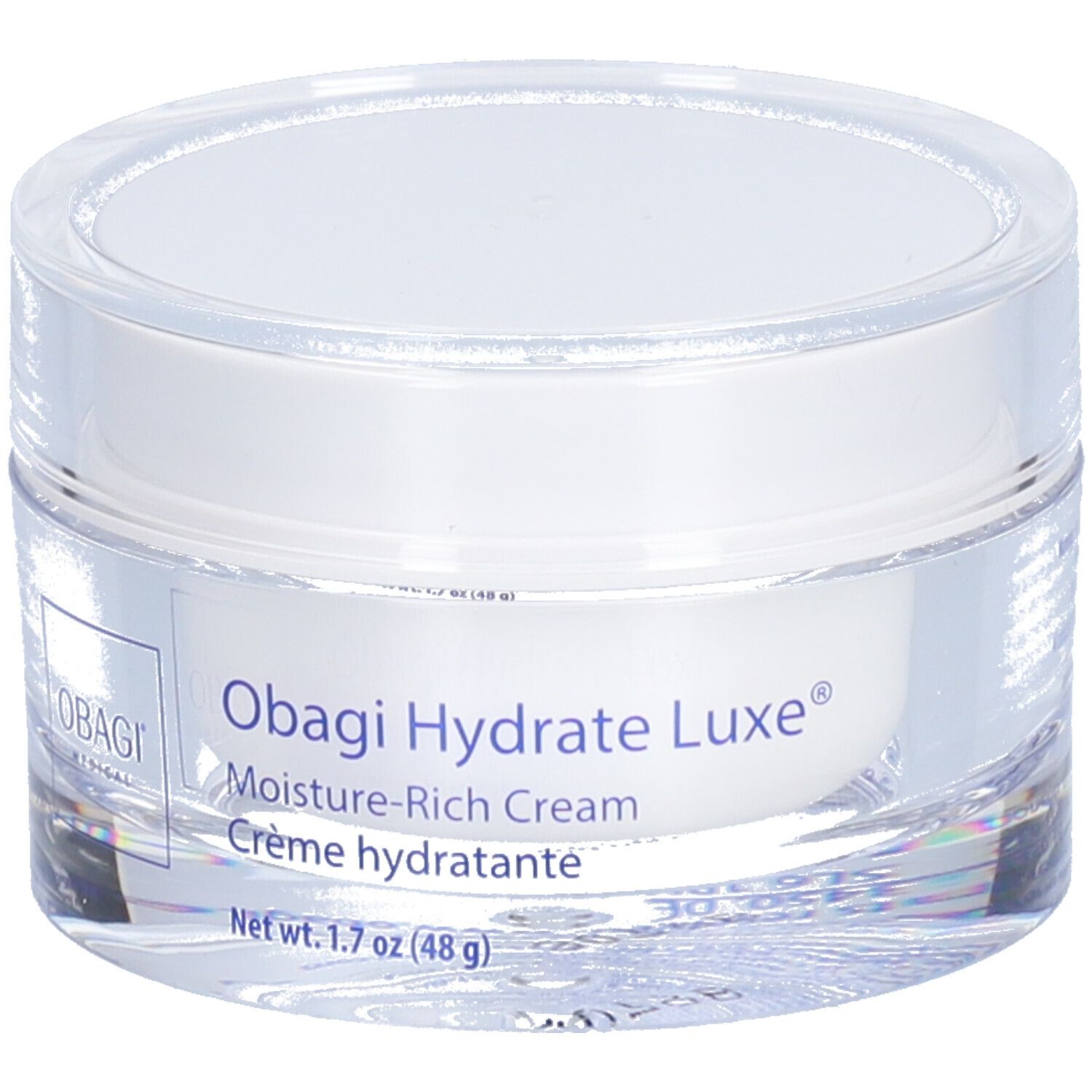 Transparenter Tiegel mit weißem Deckel. Aufkleber mit Produktnamen: Obagi Hydrate Luxe®, Feuchtigkeitscreme.