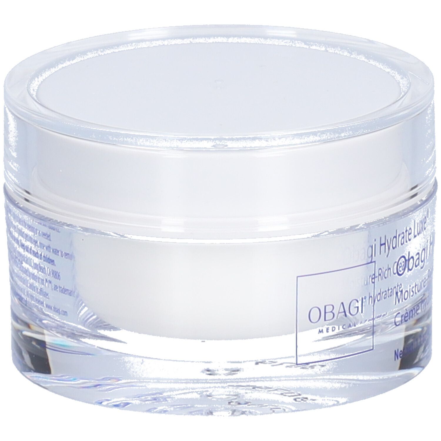 Transparenter Tiegel mit weißem Deckel. Aufkleber mit Produktnamen: Obagi Hydrate Luxe®, Feuchtigkeitscreme.