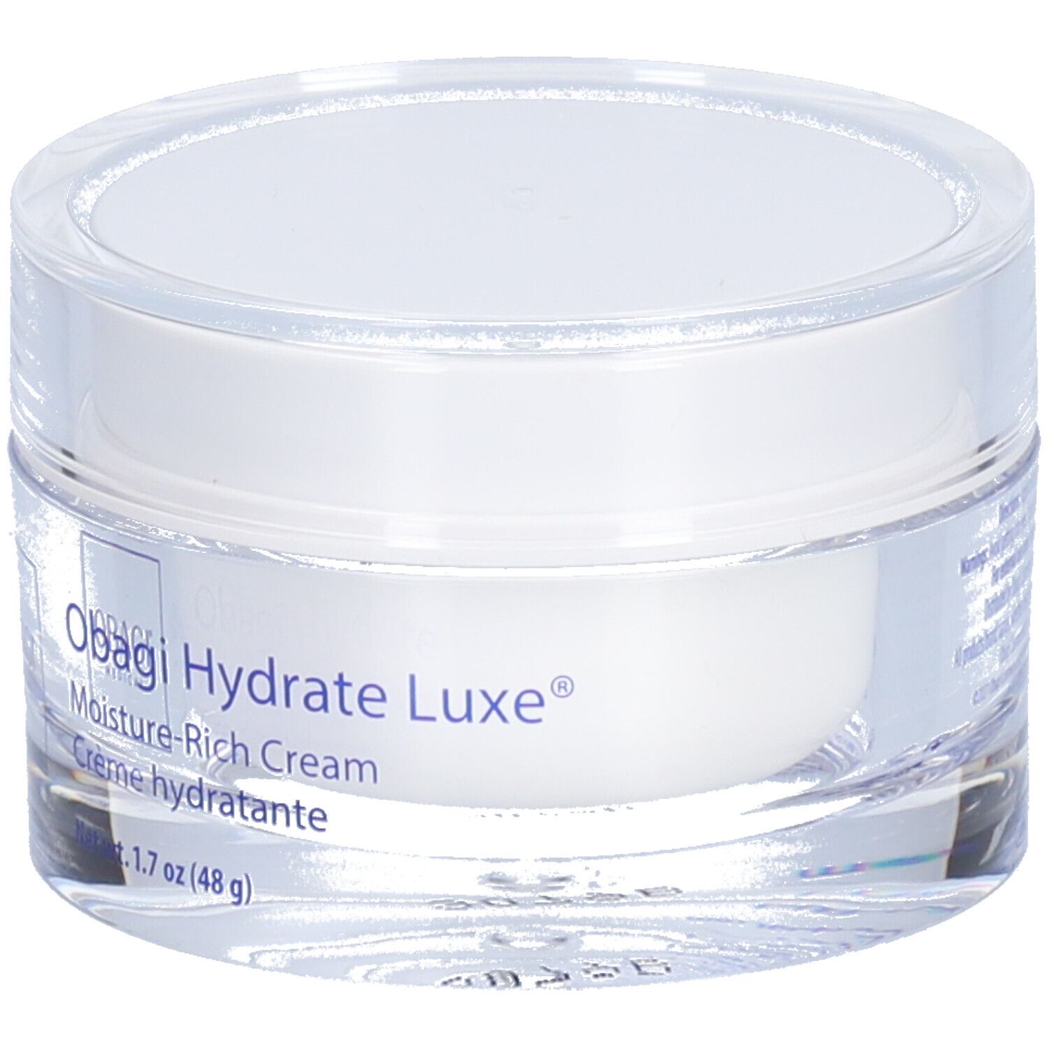 Transparenter Tiegel mit weißem Deckel. Aufkleber mit Produktnamen: Obagi Hydrate Luxe®, Feuchtigkeitscreme.