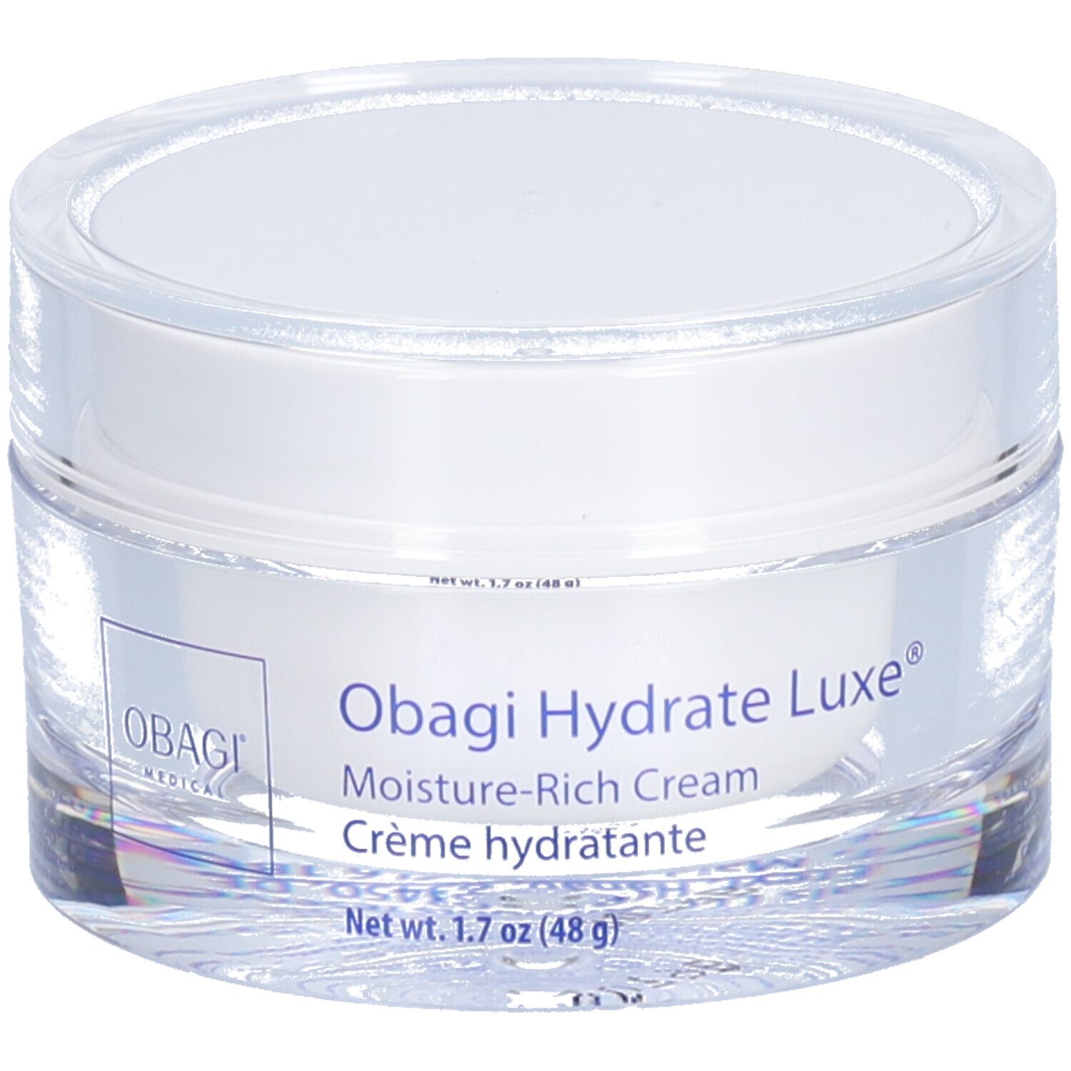 Transparenter Tiegel mit weißem Deckel. Aufkleber mit Produktnamen: Obagi Hydrate Luxe®, Feuchtigkeitscreme.