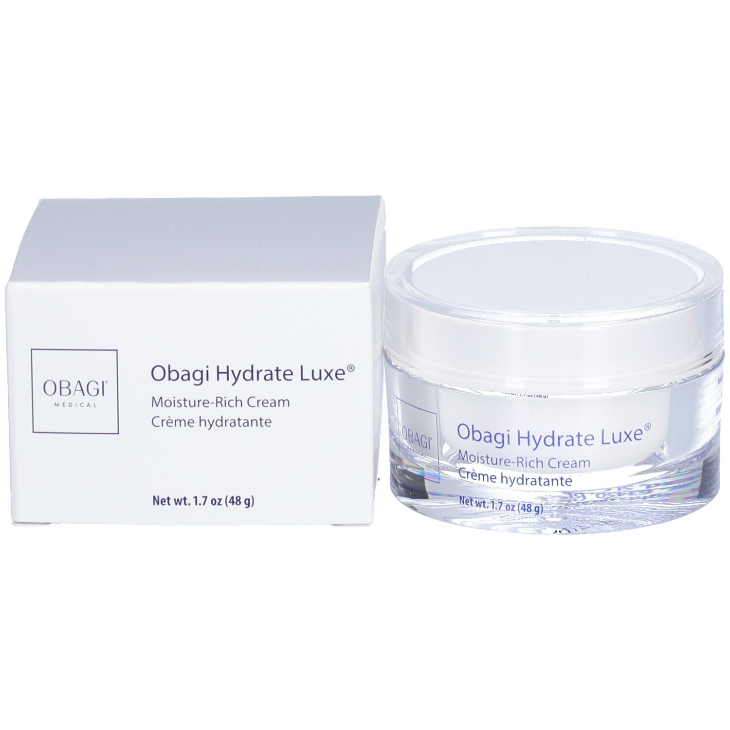 Produktverpackung und Tiegel. Verpackung mit Produktnamen: Obagi Hydrate Luxe®, Feuchtigkeitscreme. Tiegel daneben.