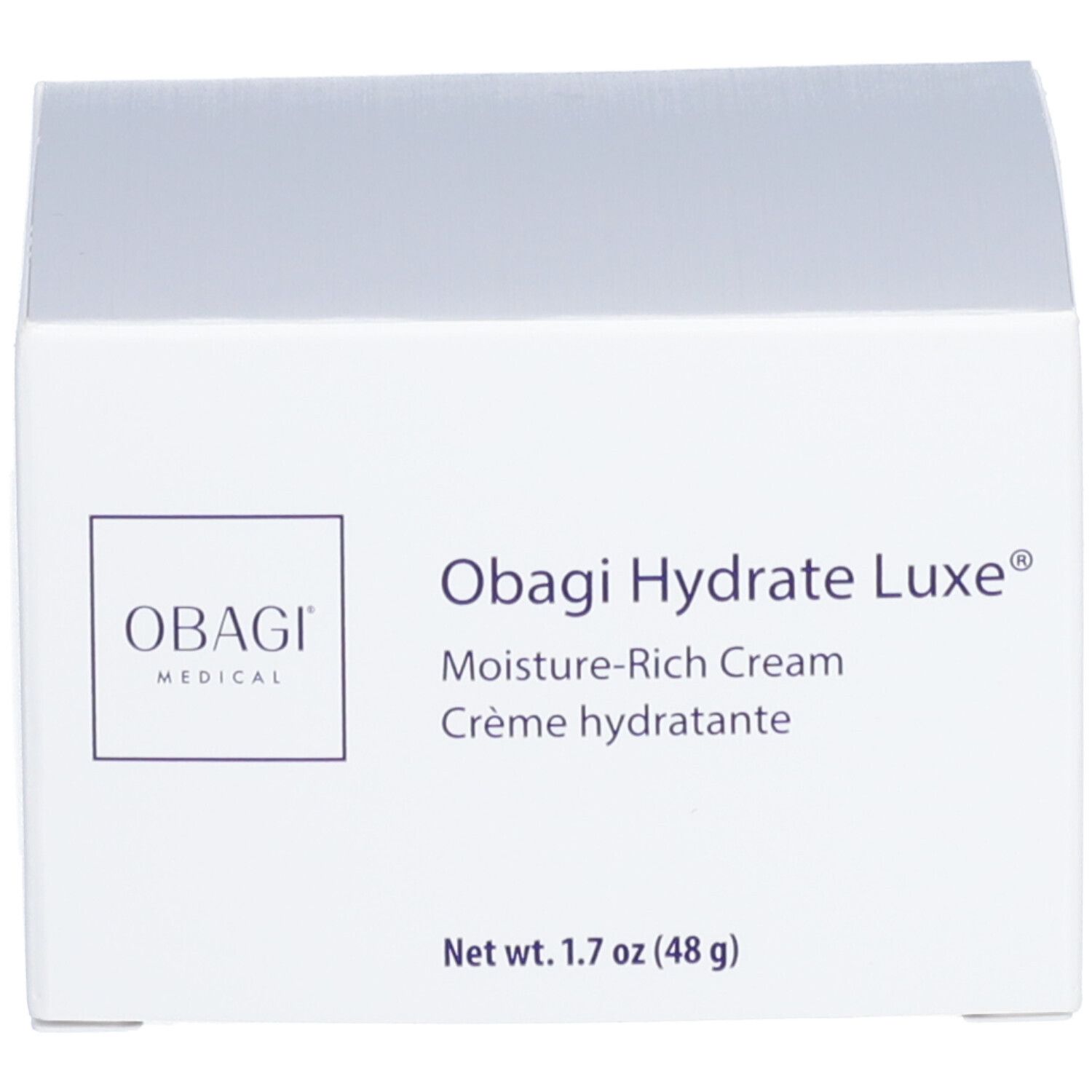 Produktverpackung. Verpackung mit Produktnamen: Obagi Hydrate Luxe®, Feuchtigkeitscreme.
