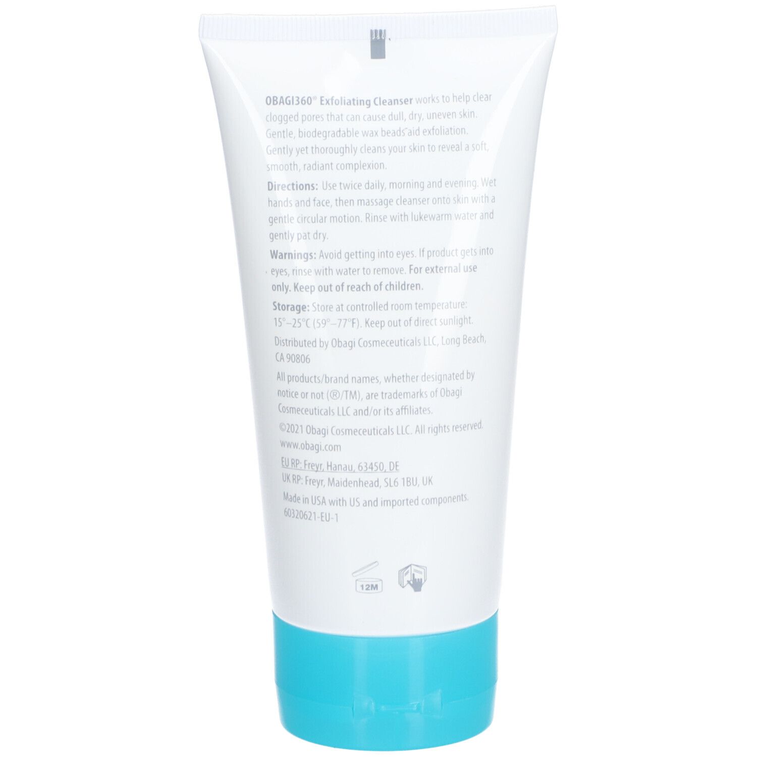 Dos du tube. Texte avec informations produit, ingrédients et fabricant. Bouchon bleu.