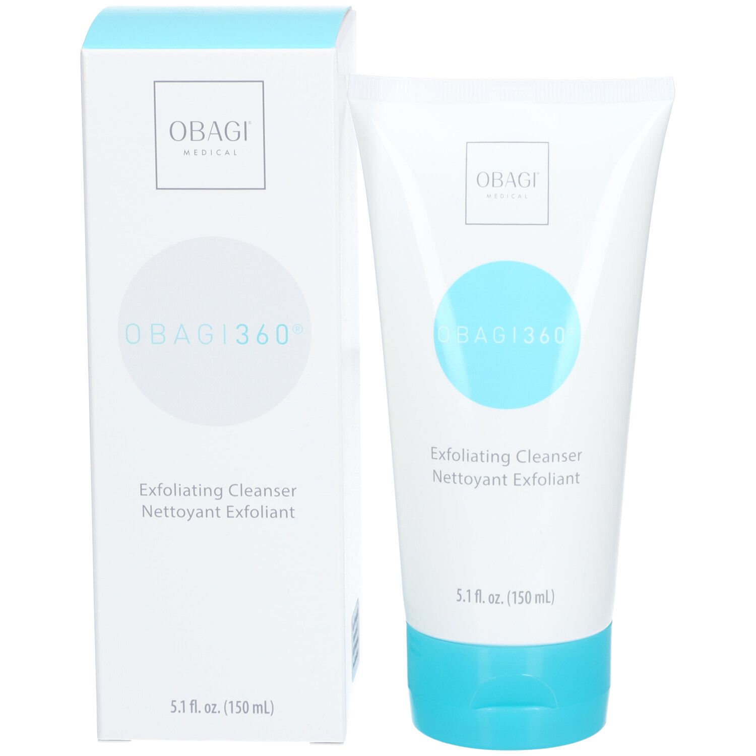 Emballage et tube. Emballage: blanc avec couvercle bleu. Tube: blanc avec bouchon bleu. Tous deux: "OBAGI360 Exfoliating Cleanser".
