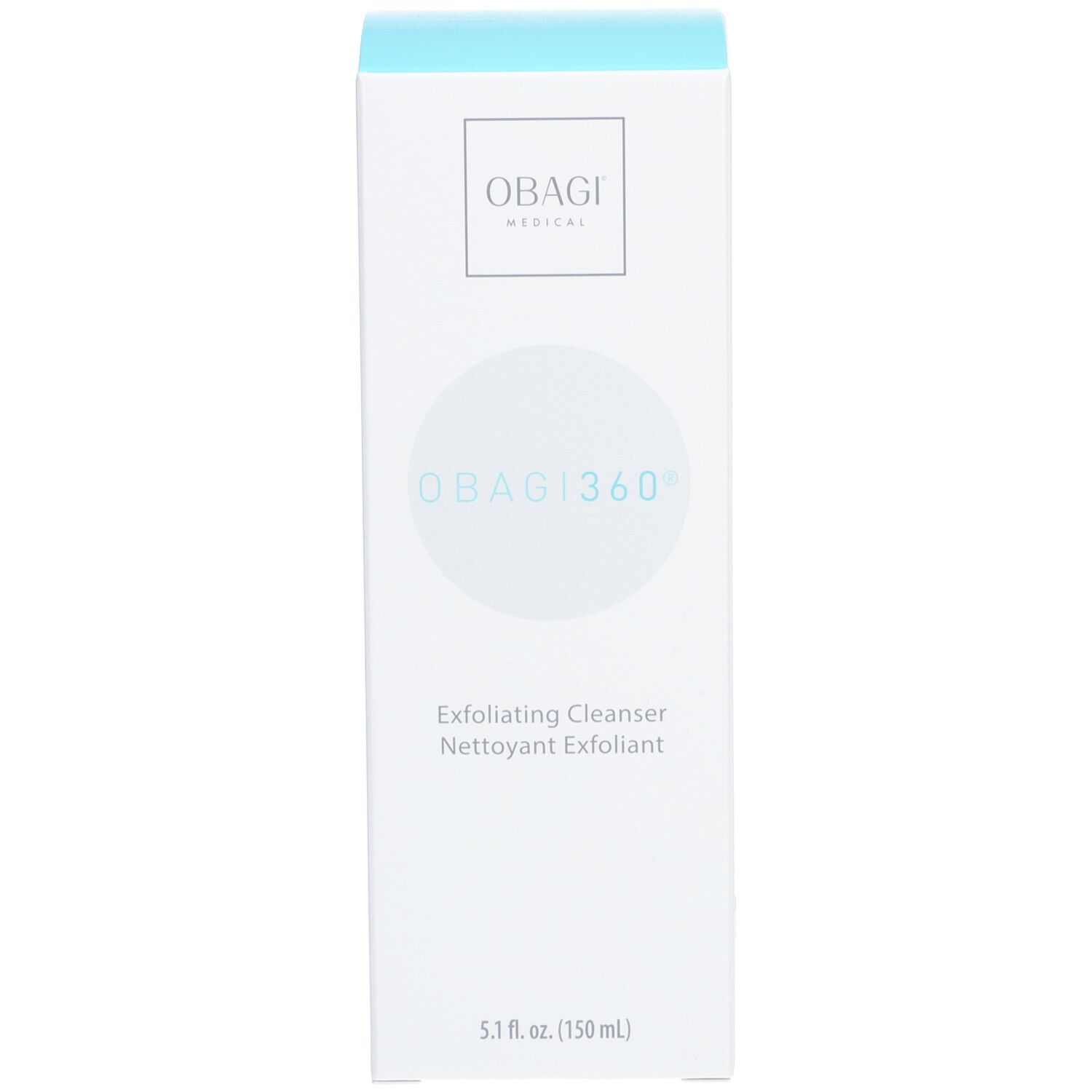 Emballage blanc avec couvercle bleu. "OBAGI MEDICAL" en haut, "OBAGI360" et "Exfoliating Cleanser" en dessous.