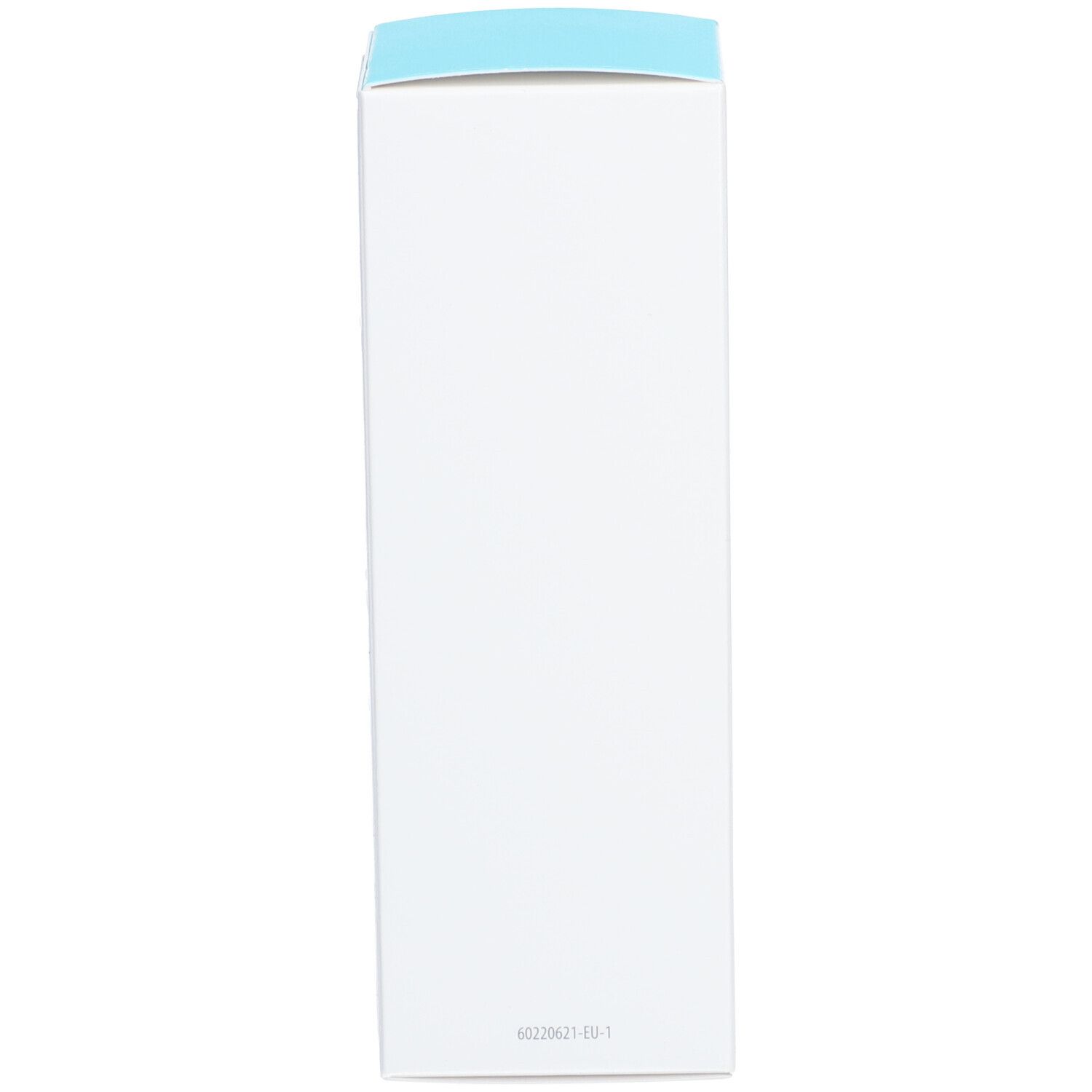 Dos de l'emballage. Blanc avec couvercle bleu. Un numéro de lot est en bas.