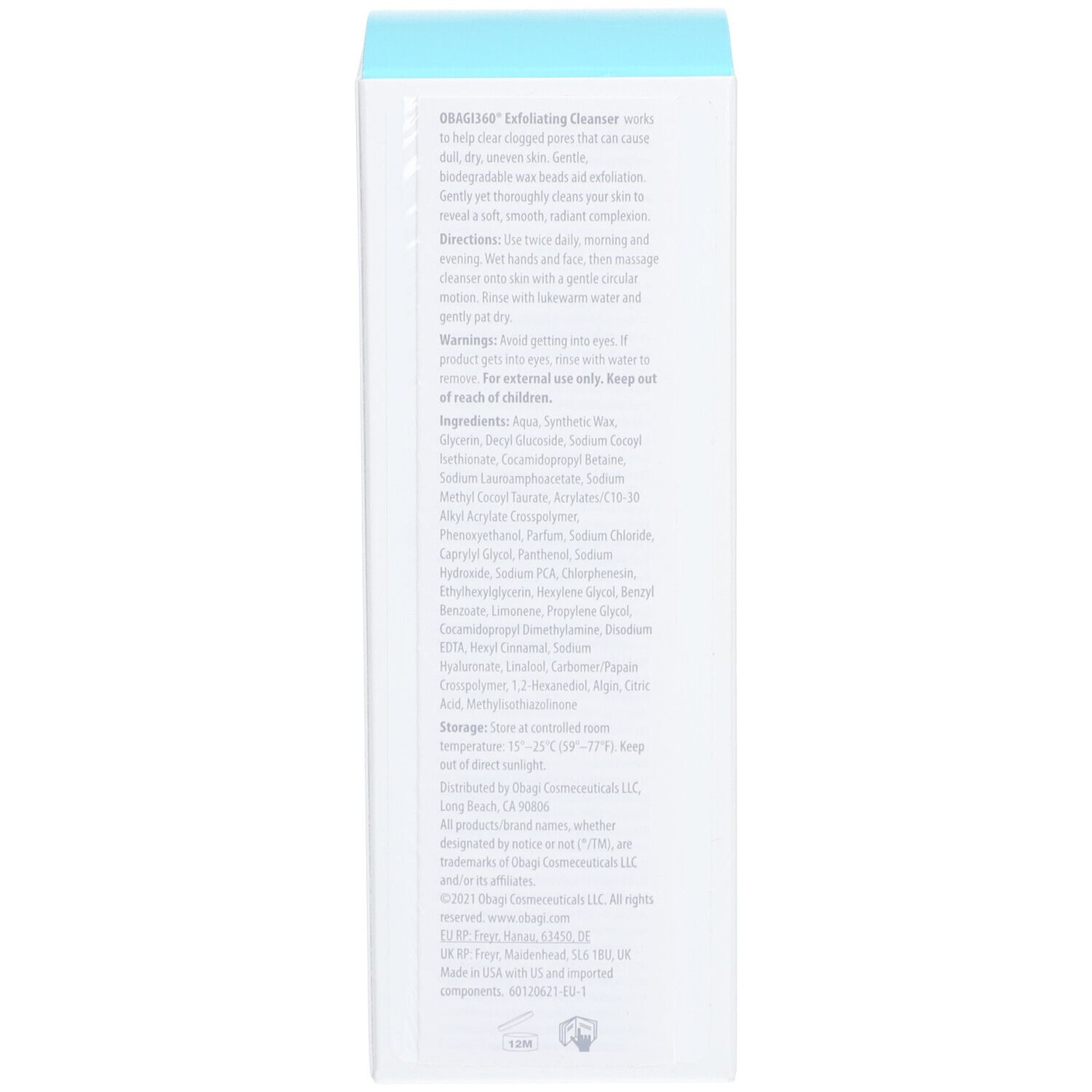 Dos de l'emballage. Texte avec informations produit, ingrédients et fabricant. Couvercle bleu.