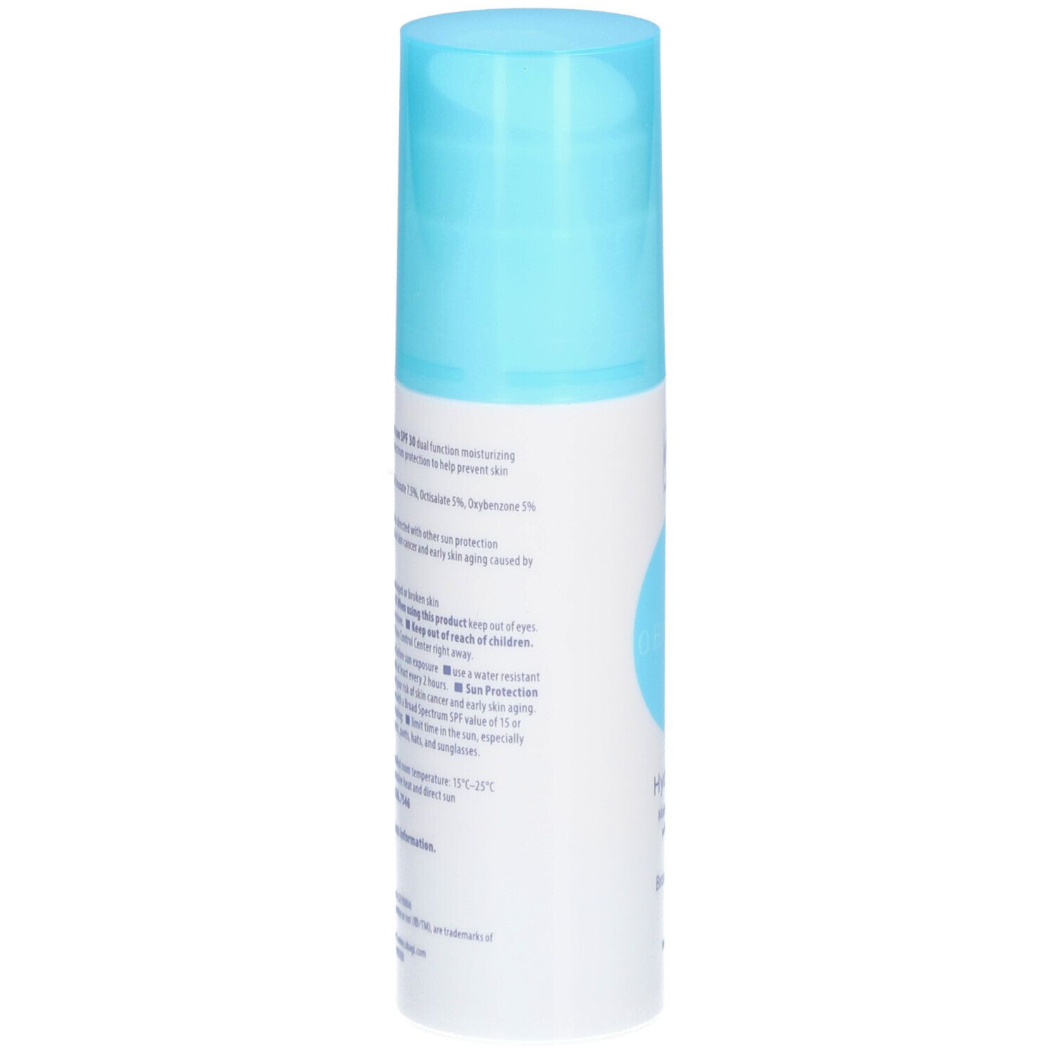 Obagi360® HydraFactor SPF30. Flacon blanc et bleu. Texte sur le côté.