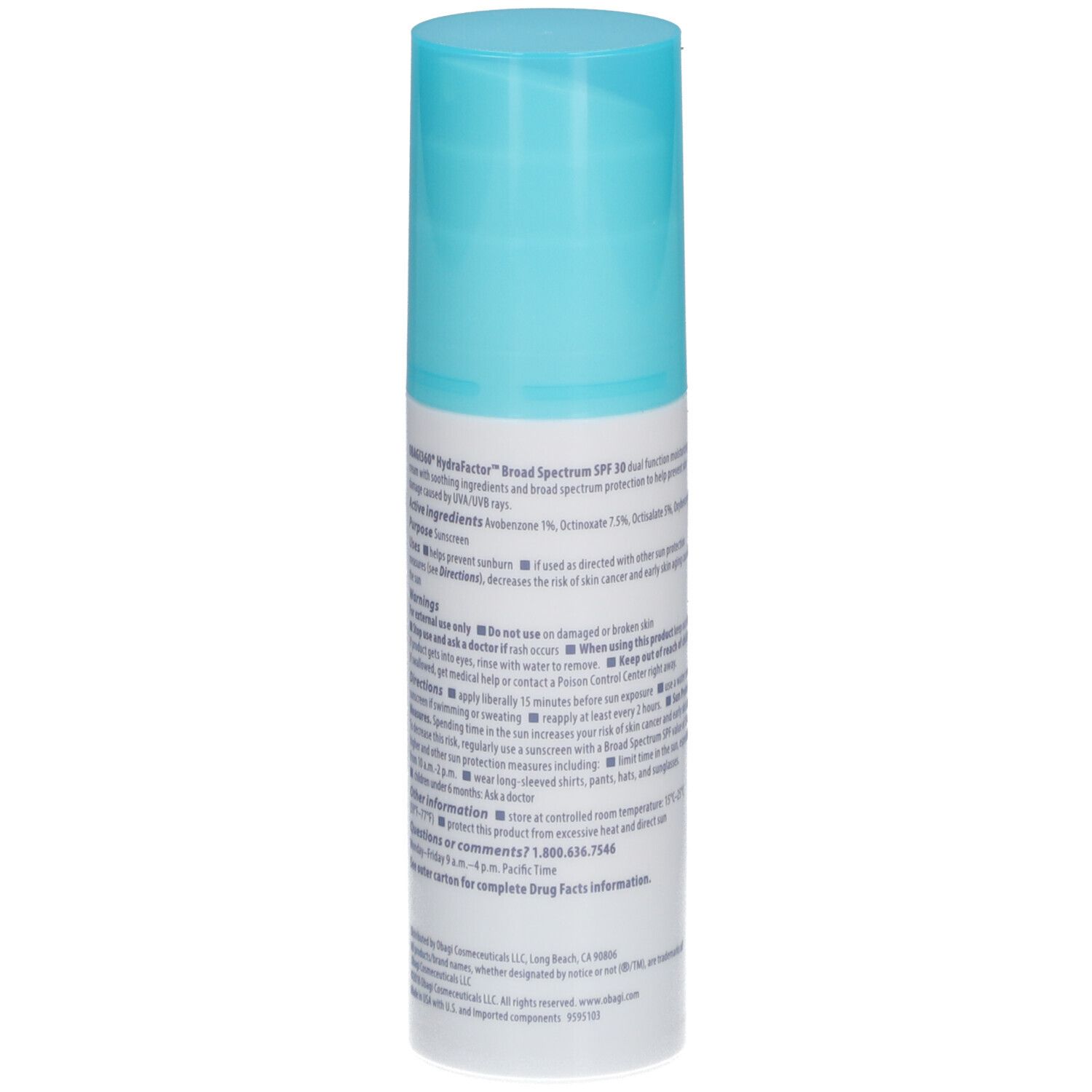 Obagi360® HydraFactor SPF30. Flacon blanc et bleu. Dos avec texte.