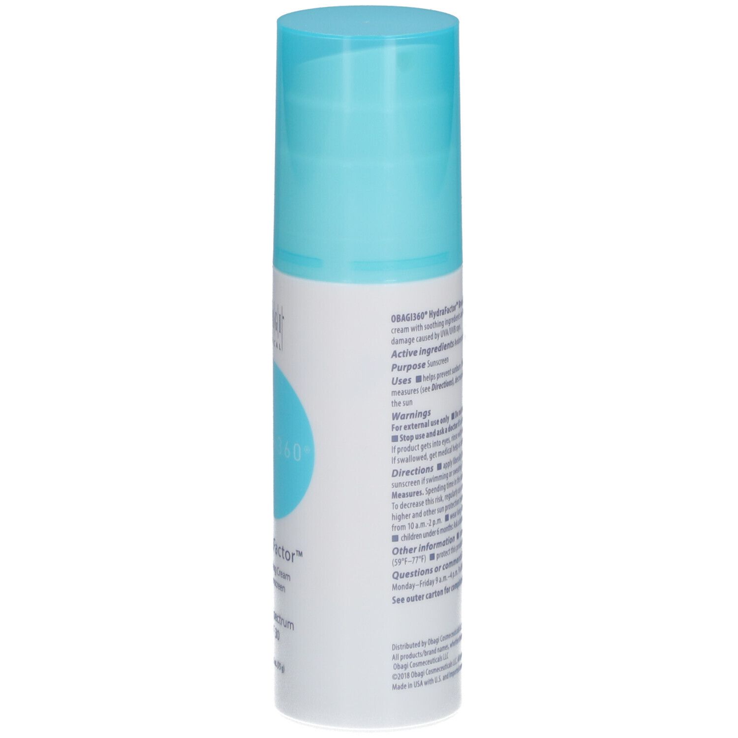 Obagi360® HydraFactor SPF30. Flacon blanc et bleu. Dos avec texte.