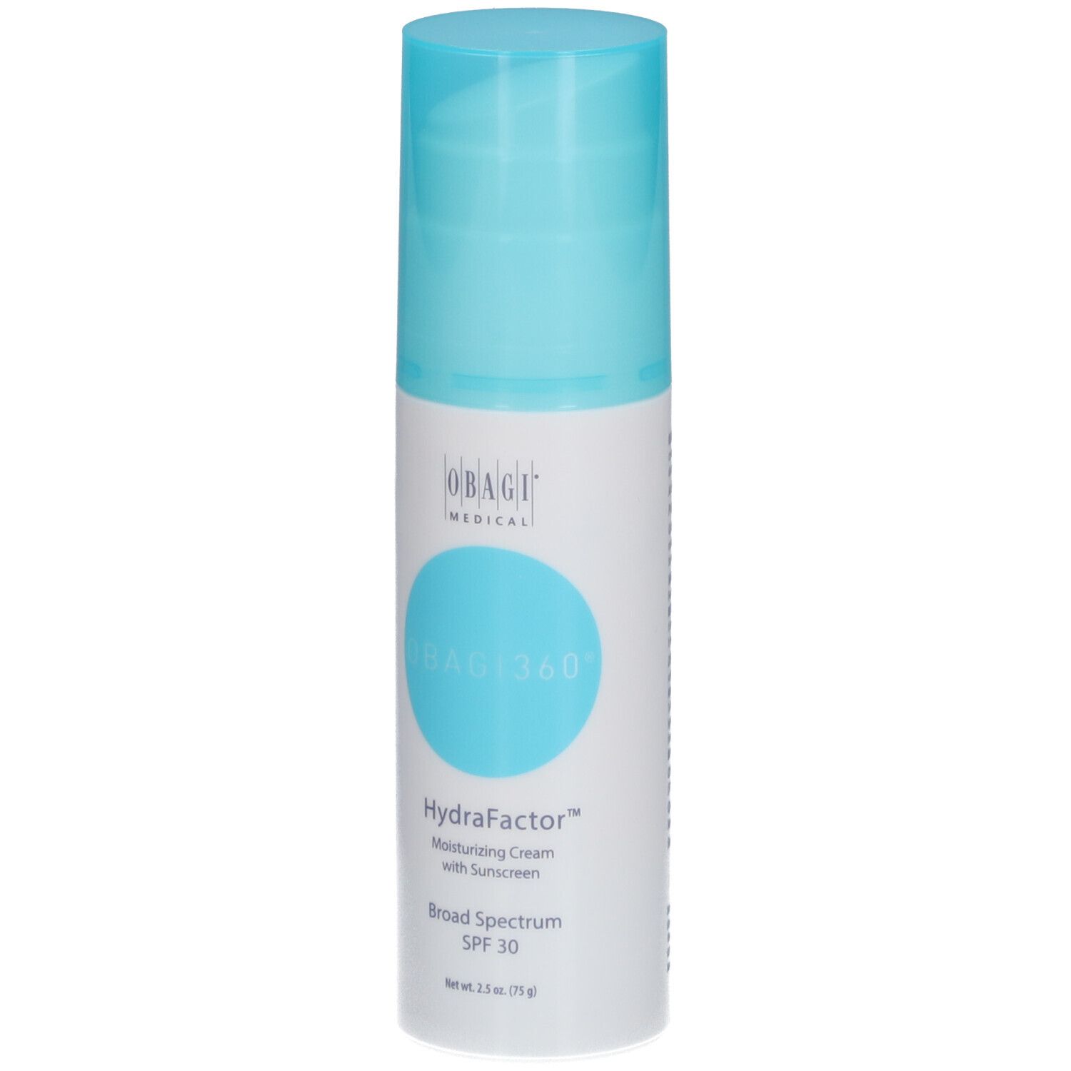 Obagi360® HydraFactor SPF30. Flacon blanc et bleu. Texte: Obagi, HydraFactor, SPF30.