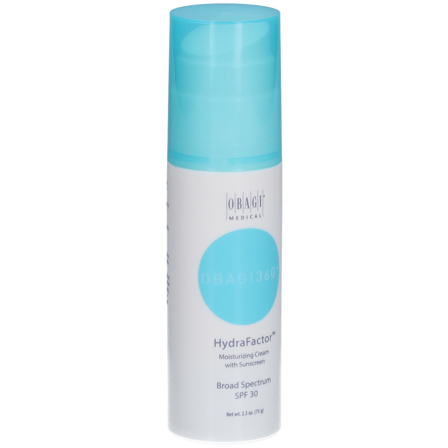 Obagi360® HydraFactor SPF30. Flacon blanc et bleu. Texte: Obagi360®, HydraFactor, SPF30.