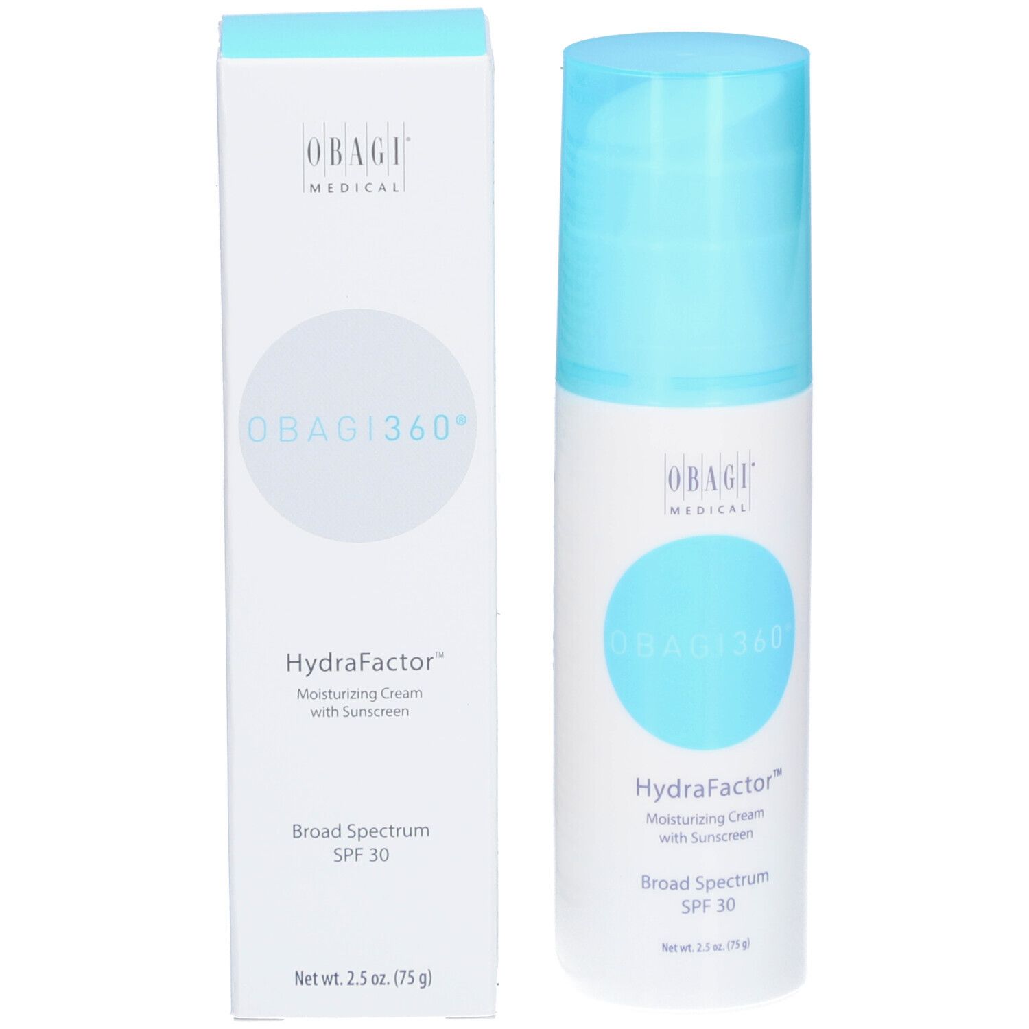 Obagi360® HydraFactor SPF30 et emballage. Flacon et boîte blancs. Texte: Obagi, HydraFactor, SPF30.