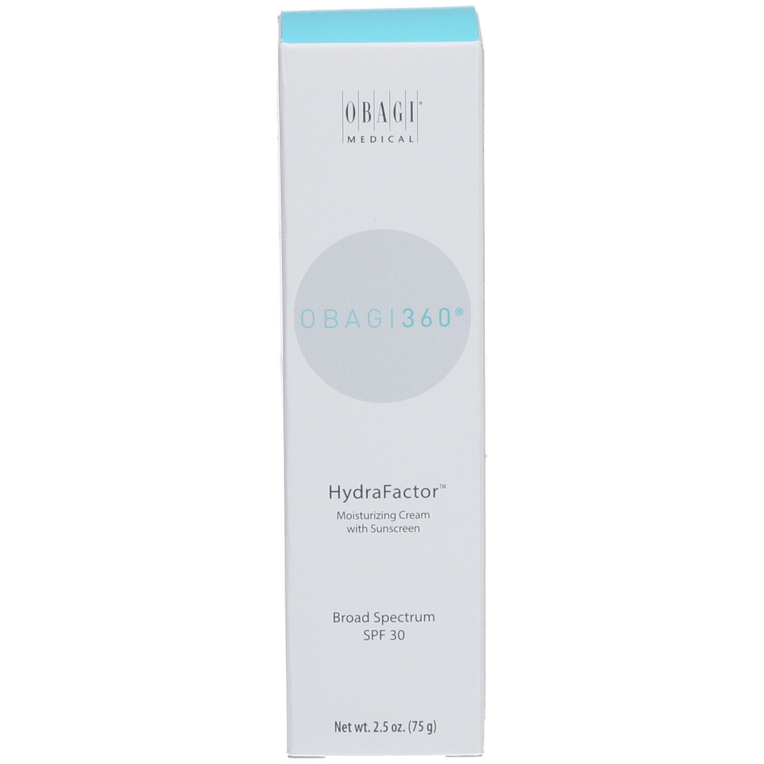Emballage Obagi360® HydraFactor SPF30. Boîte blanche avec texte: Obagi, HydraFactor, SPF30.