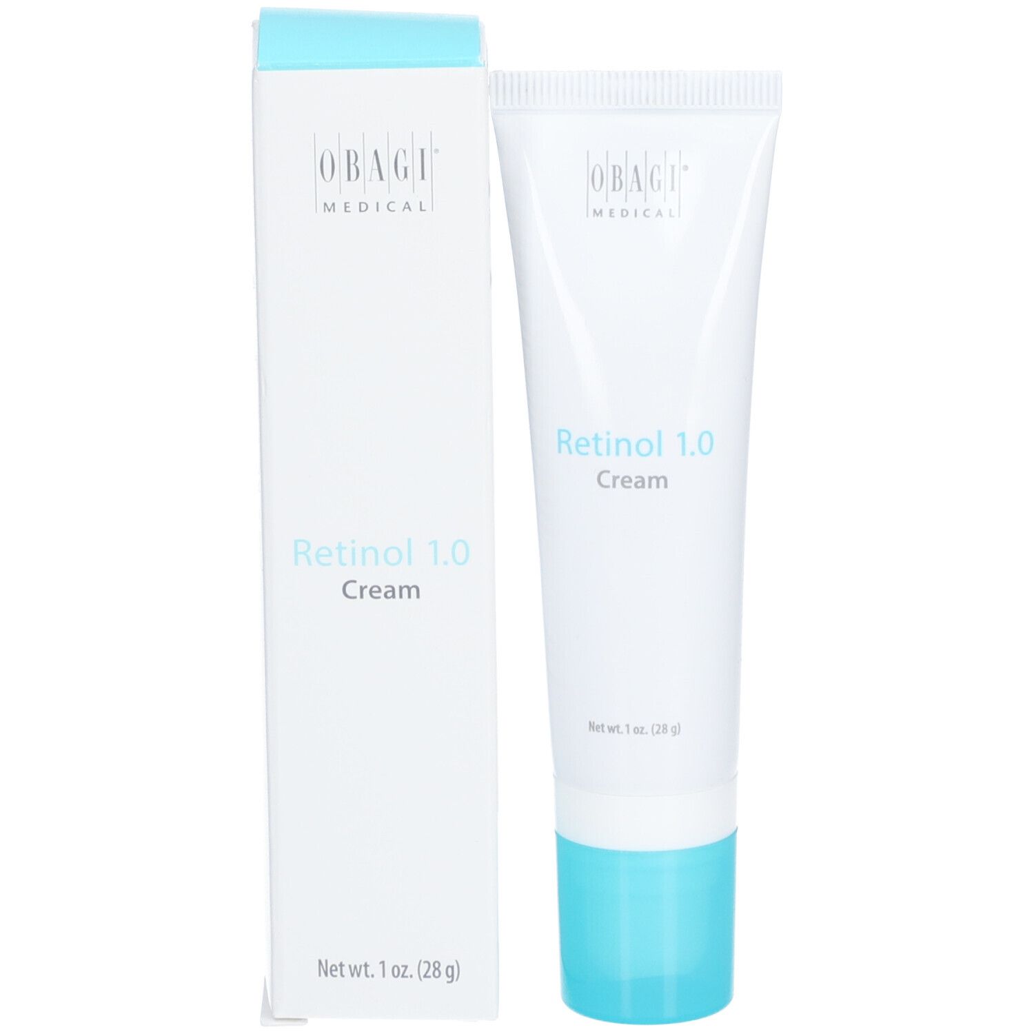 Produktverpackung mit Tube und Schachtel. Aufschrift: Retinol 1.0 Cream. Marke Obagi Medical.