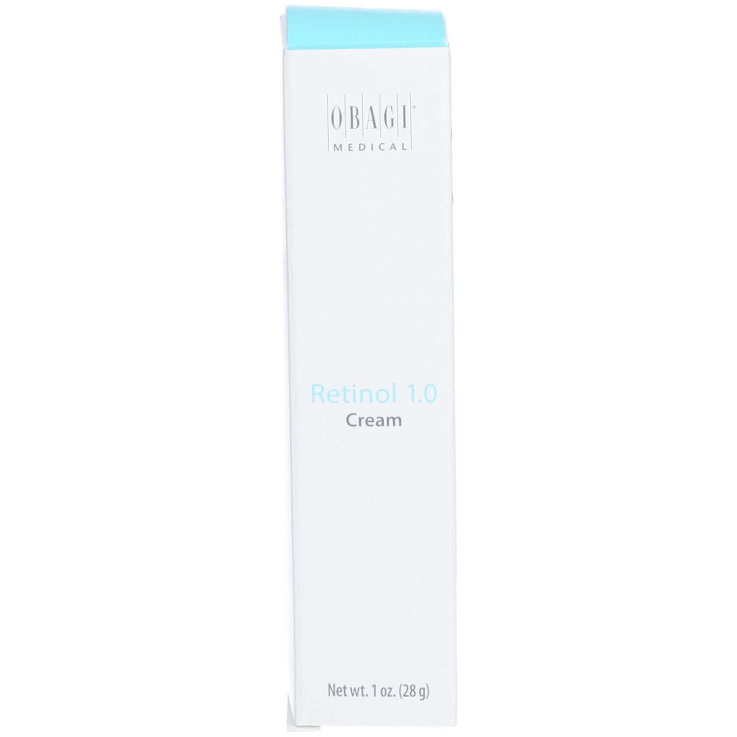 Weiße Schachtel mit blauer Oberseite. Aufschrift: Retinol 1.0 Cream. Marke Obagi Medical.