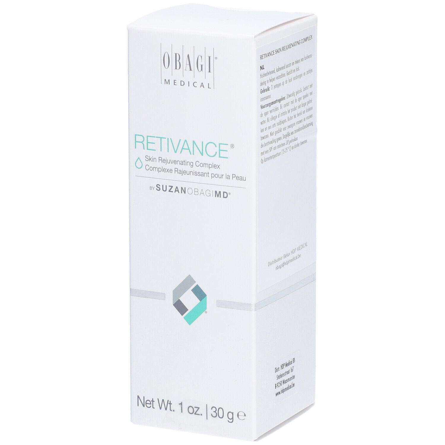 Boîte blanche avec le nom du produit RETIVANCE® et le logo OBAGI MEDICAL. En bas, "Net Wt. 1 oz. | 30 g e".