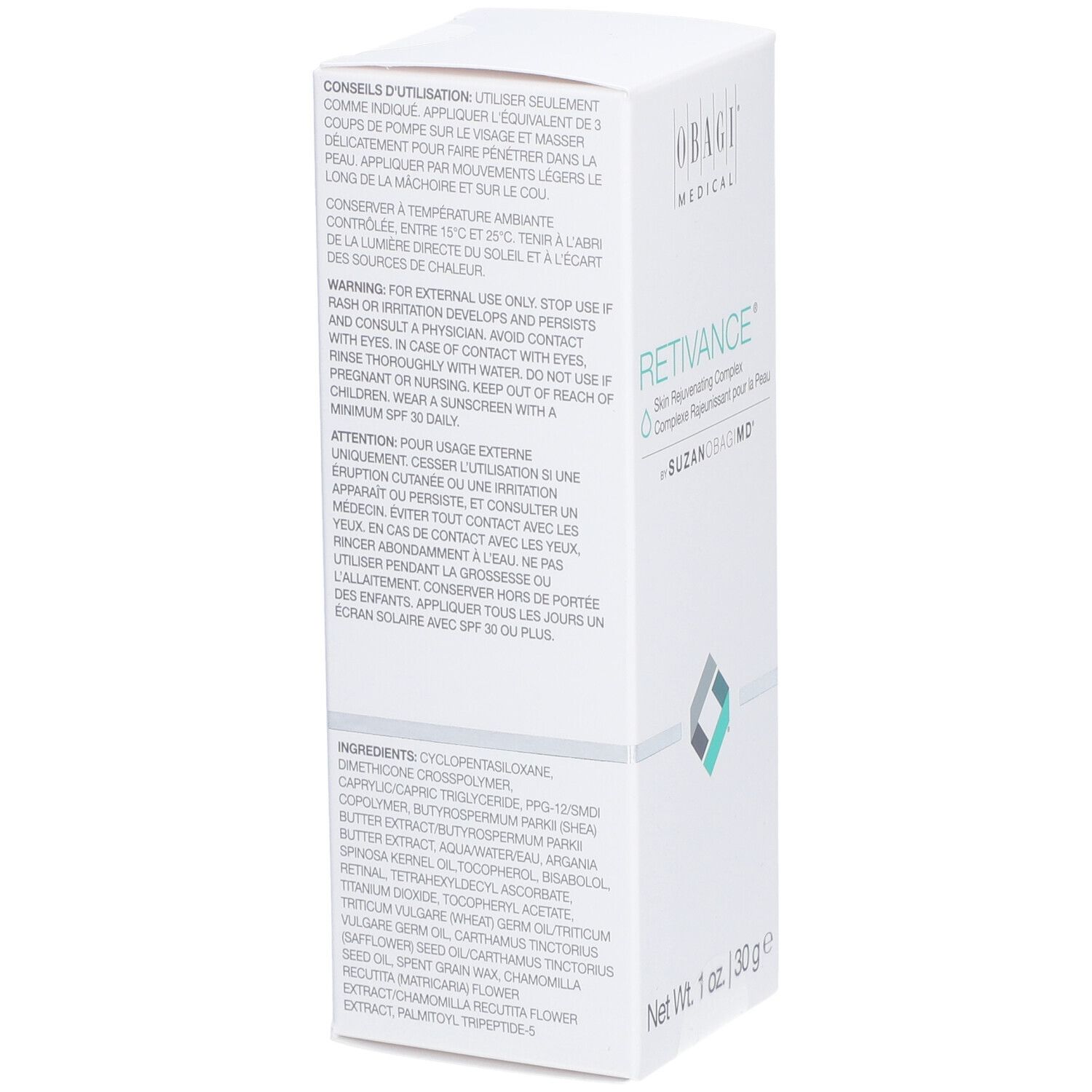 Boîte blanche avec texte. Contient des informations sur l'utilisation, les avertissements et les ingrédients. Logo OBAGI MEDICAL.