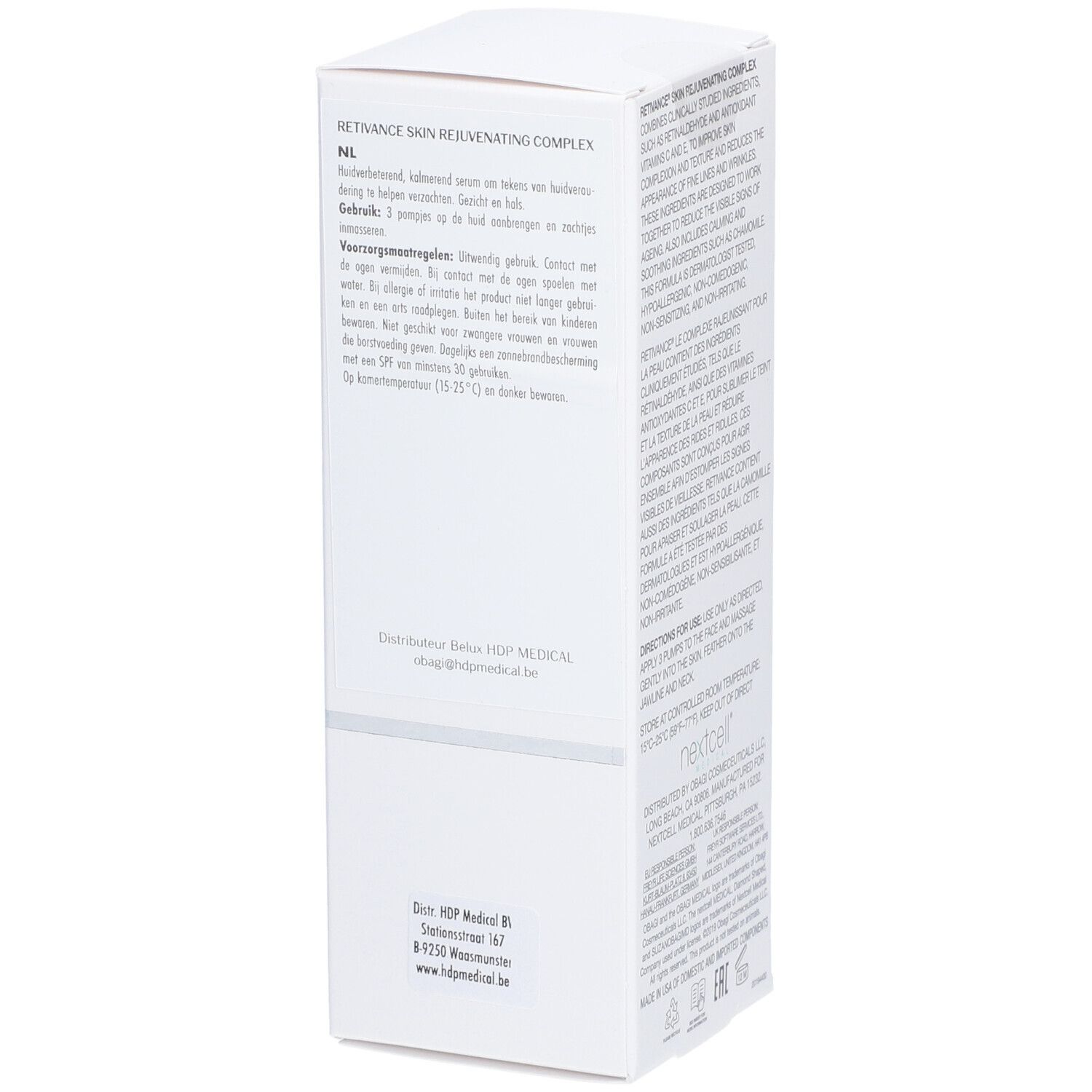 Boîte blanche avec texte. Contient des informations sur l'utilisation et le fabricant. Logo OBAGI MEDICAL.