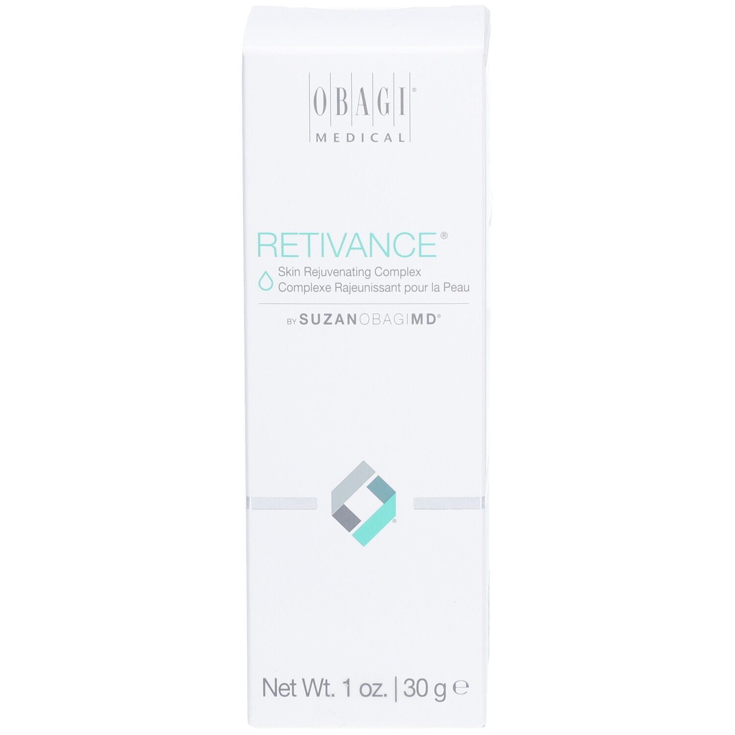 Boîte blanche avec le nom du produit RETIVANCE® et le logo OBAGI MEDICAL. En bas, "Net Wt. 1 oz. | 30 g e".