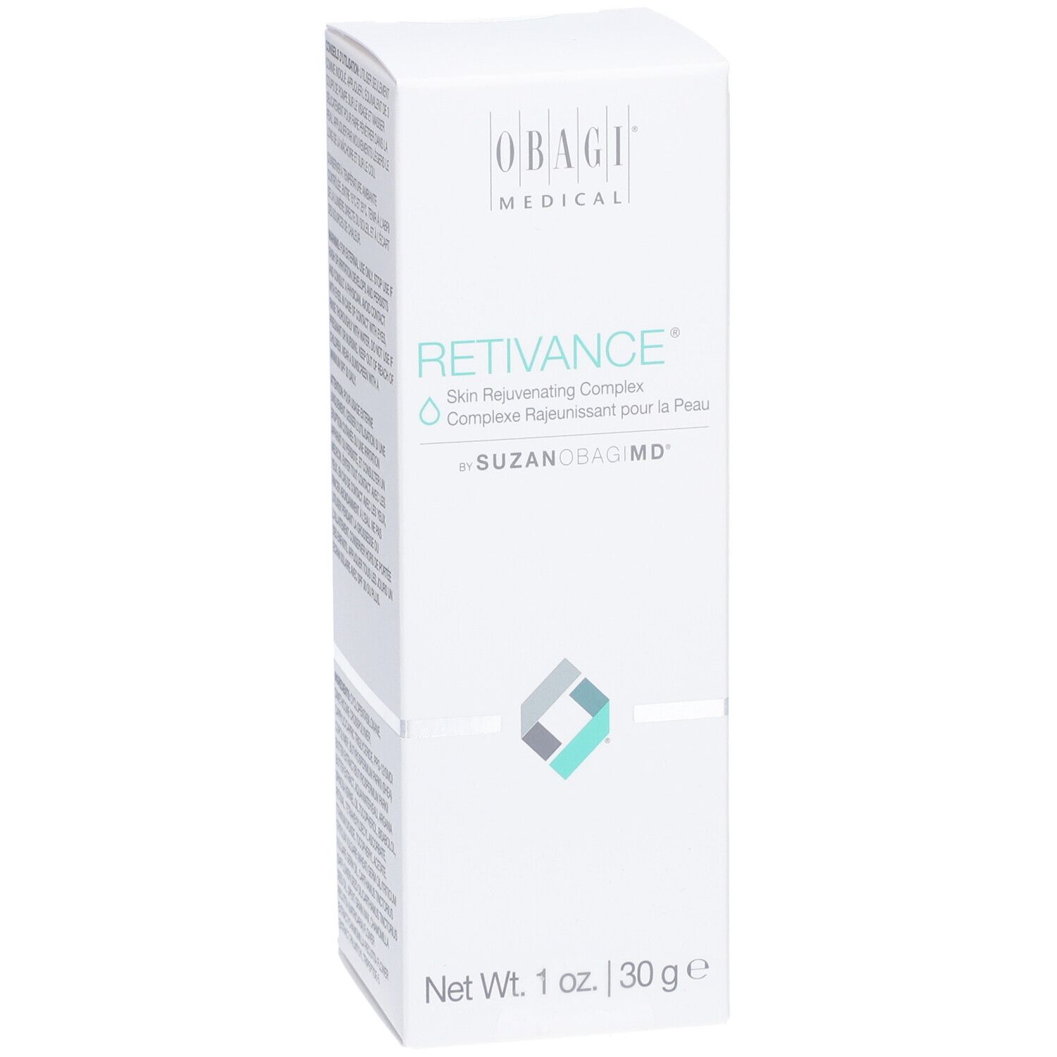 Boîte blanche avec le nom du produit RETIVANCE® et le logo OBAGI MEDICAL. En bas, "Net Wt. 1 oz. | 30 g e".