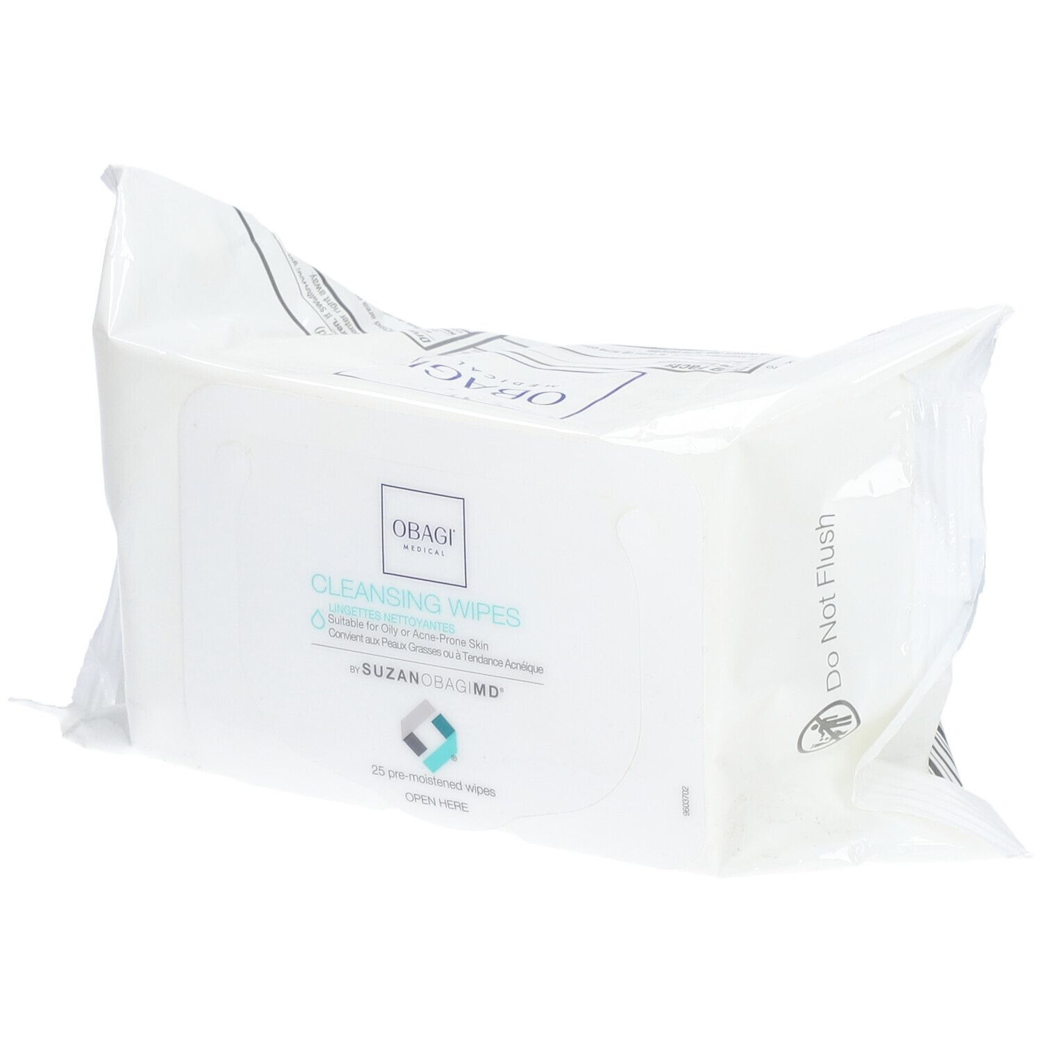 Paquet de lingettes nettoyantes. Inscription: OBAGI MEDICAL, Cleansing Wipes. 25 lingettes. Ne pas jeter dans les toilettes.