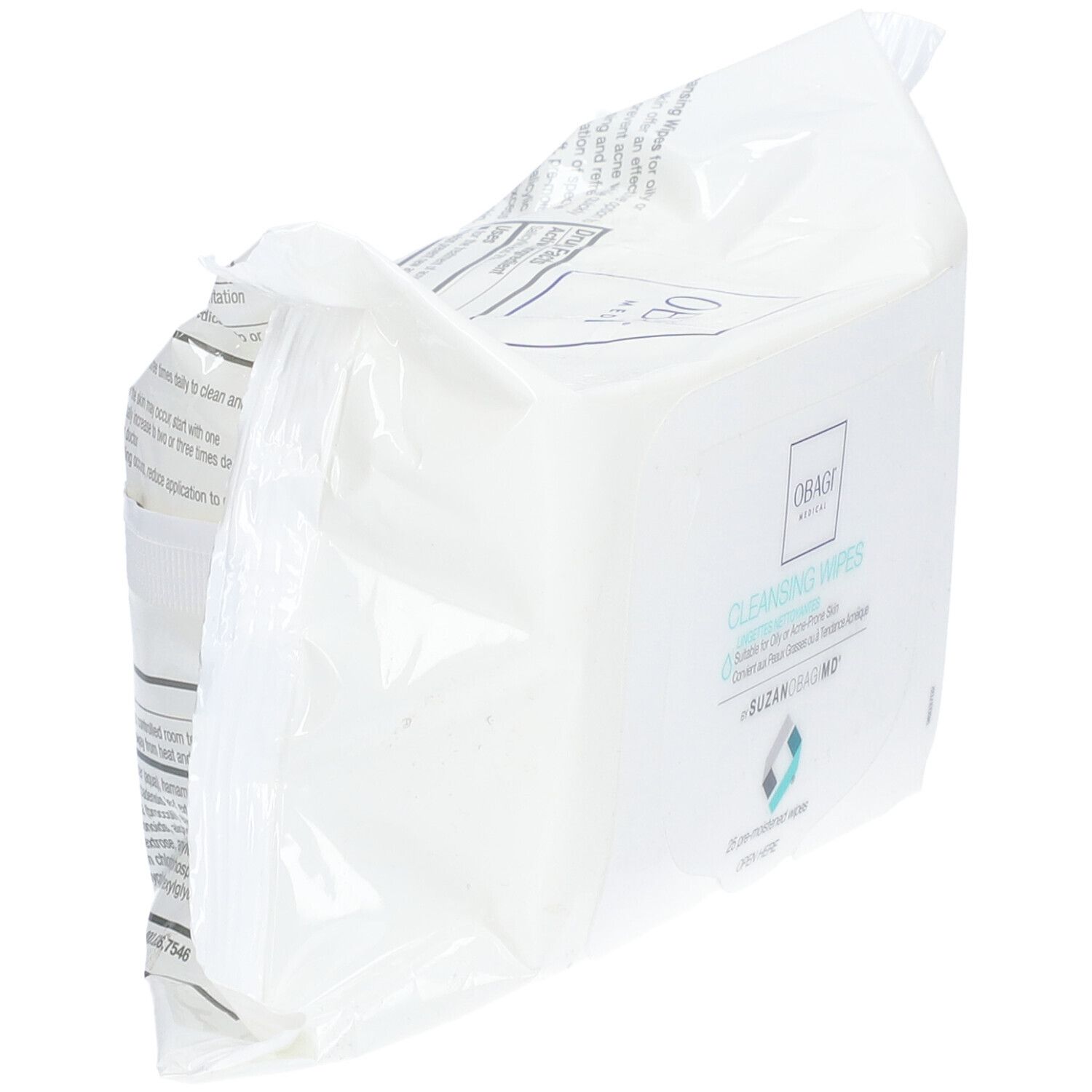 Paquet de lingettes nettoyantes. Inscription: OBAGI MEDICAL, Cleansing Wipes. 25 lingettes. Ne pas jeter dans les toilettes.