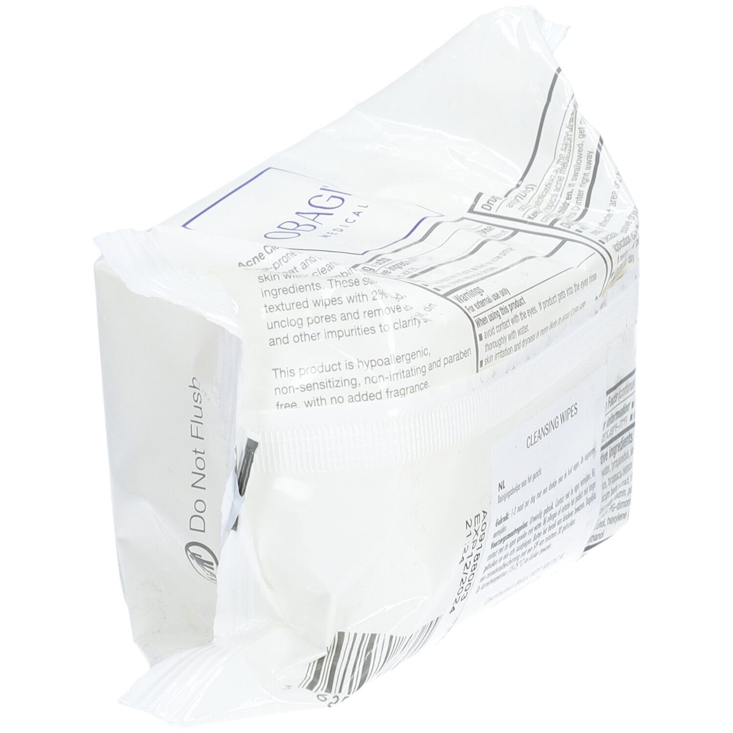 Paquet de lingettes nettoyantes. Inscription: OBAGI MEDICAL, Cleansing Wipes. 25 lingettes. Ne pas jeter dans les toilettes.