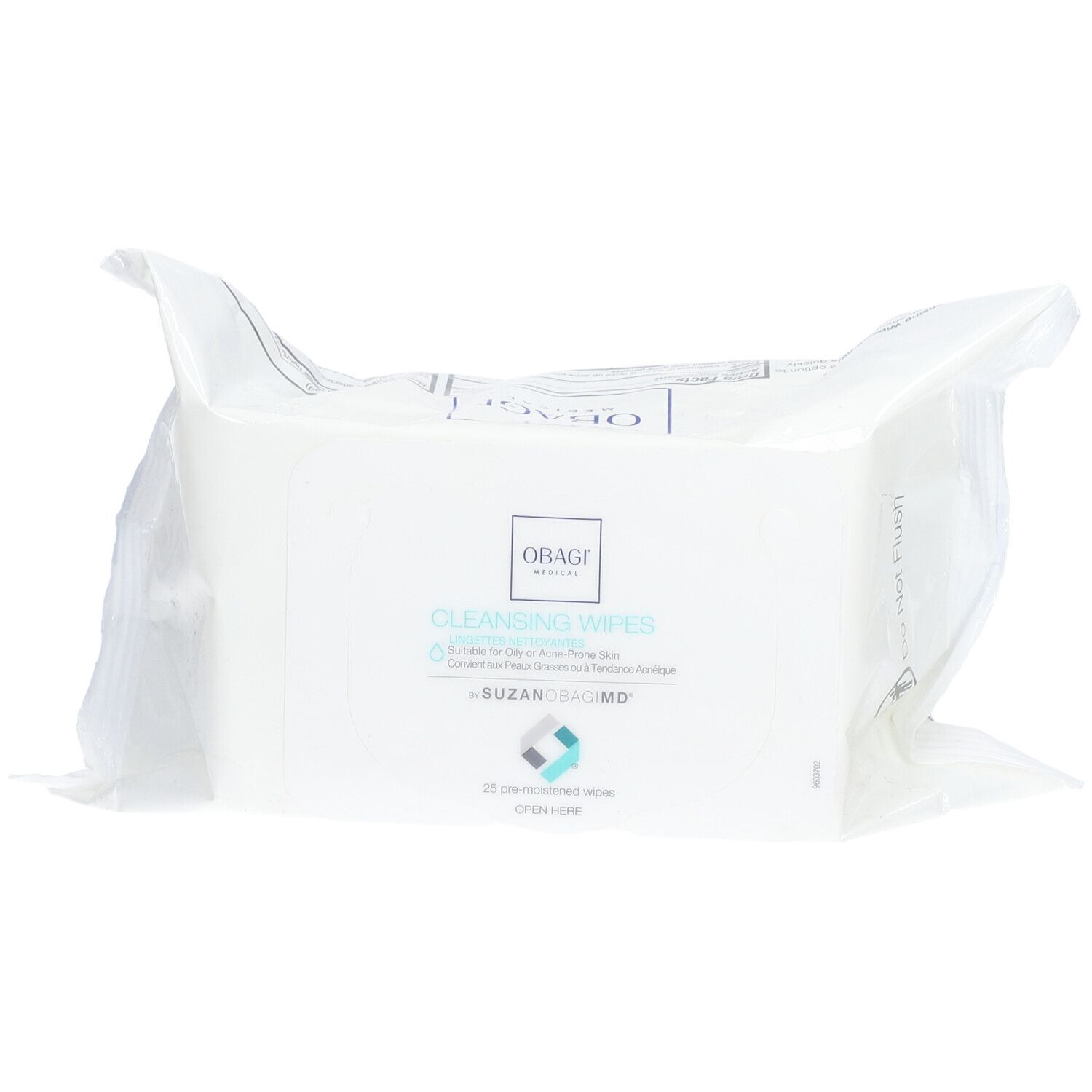 Paquet de lingettes nettoyantes. Inscription: OBAGI MEDICAL, Cleansing Wipes. 25 lingettes. Ne pas jeter dans les toilettes.