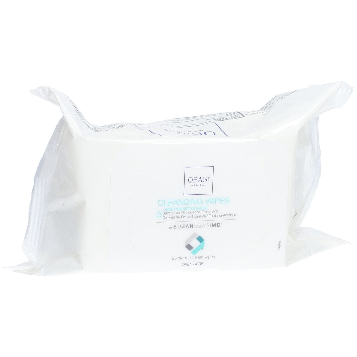 Paquet de lingettes nettoyantes. Inscription: OBAGI MEDICAL, Cleansing Wipes. 25 lingettes. Ne pas jeter dans les toilettes.