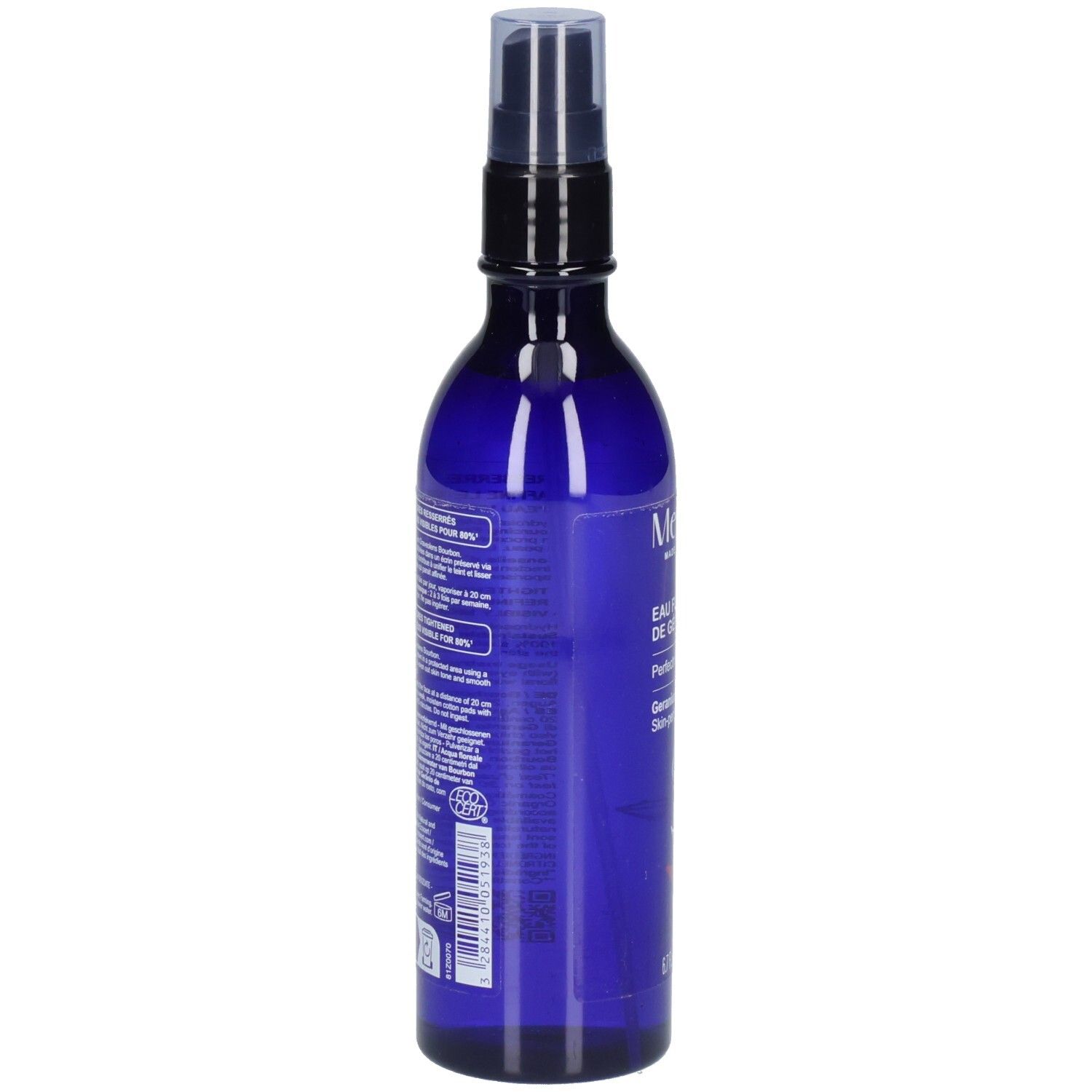 Blaue Flasche mit Sprühkopf. Text auf der Seite. Bio-Zertifizierung. Etikett mit Inhaltsstoffen und Anweisungen.