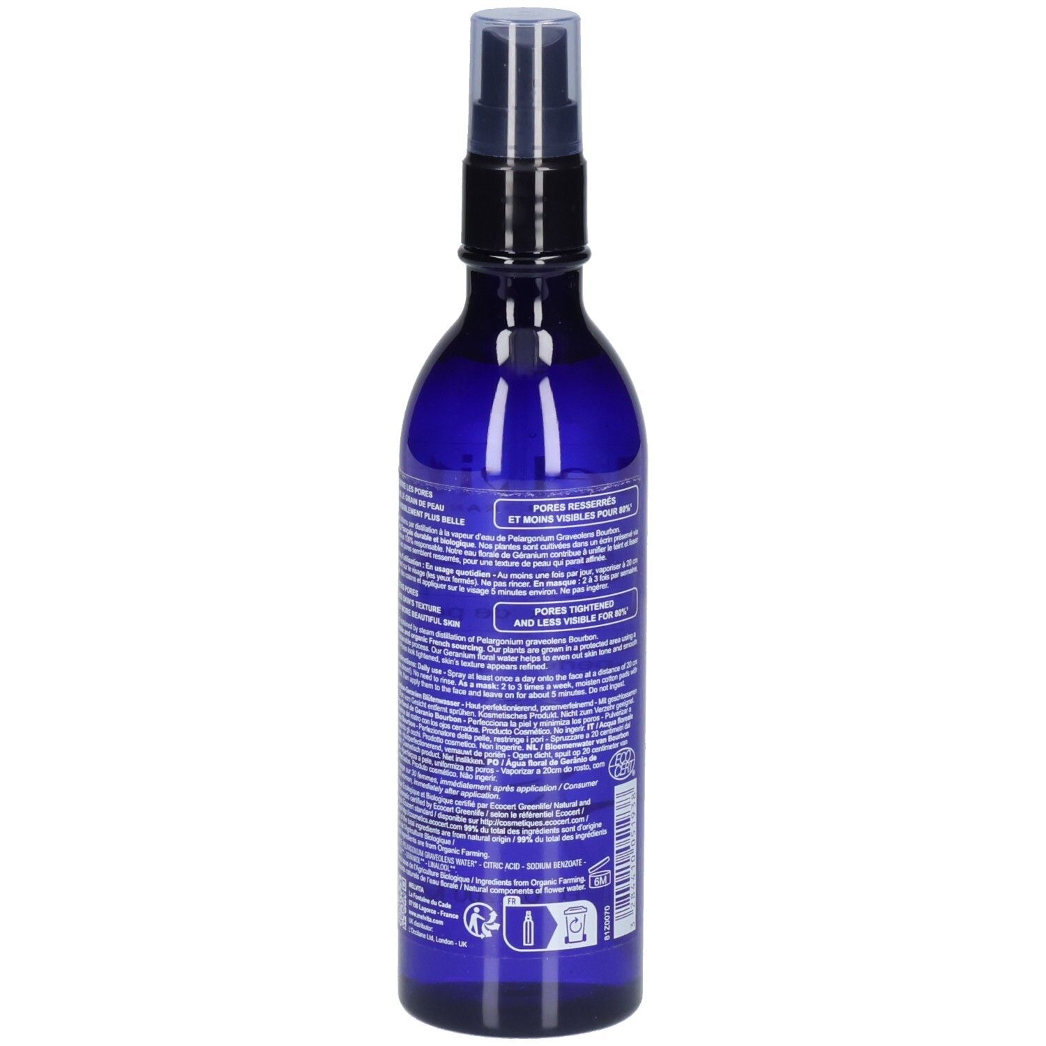 Blaue Flasche mit Sprühkopf. Text auf der Seite. Bio-Zertifizierung. Etikett mit Inhaltsstoffen und Anweisungen.