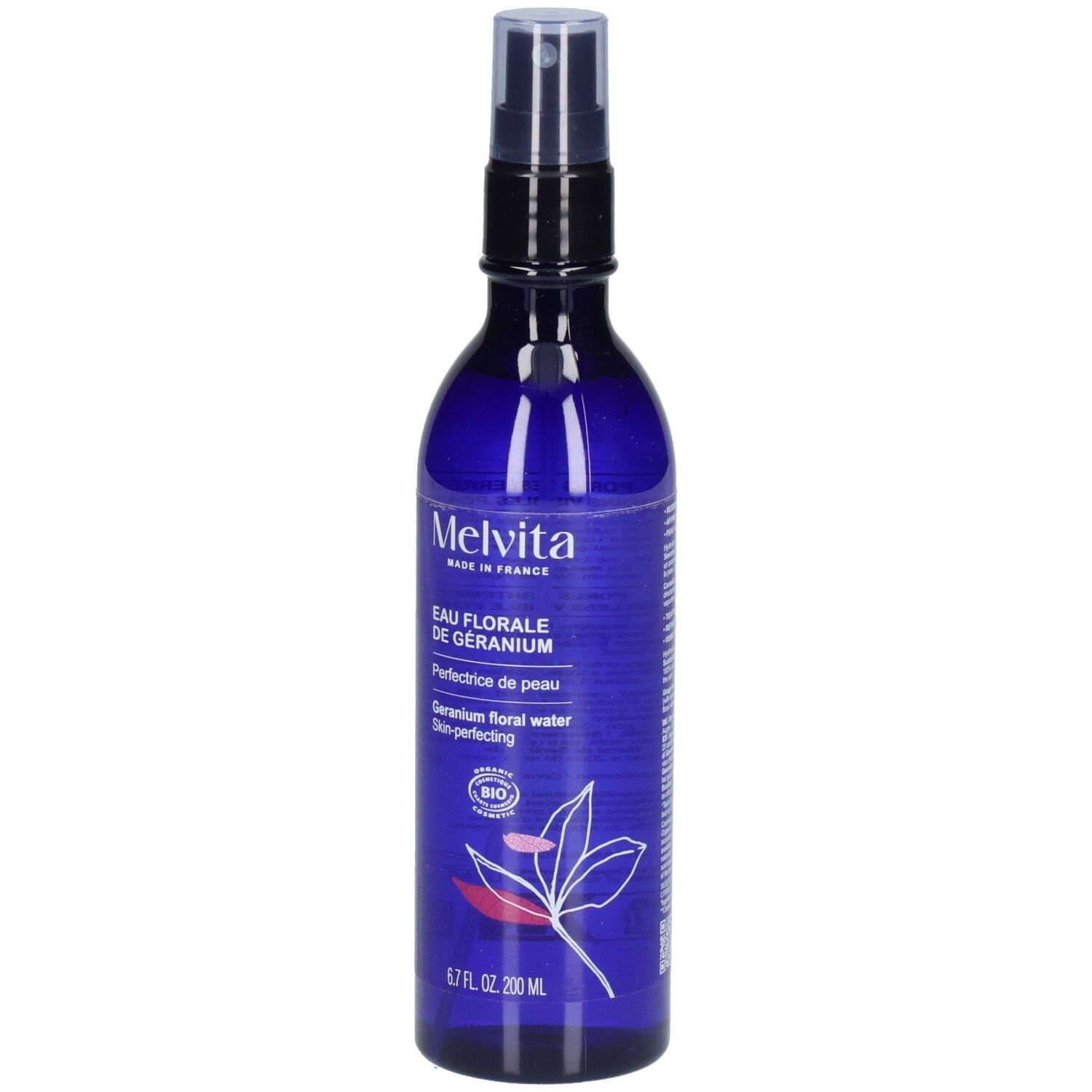 Blaue Flasche mit Sprühkopf. Aufschrift: Melvita, Eau Florale de Géranium, 6.7 FL. OZ. 200 ml. Bio-Zertifizierung.