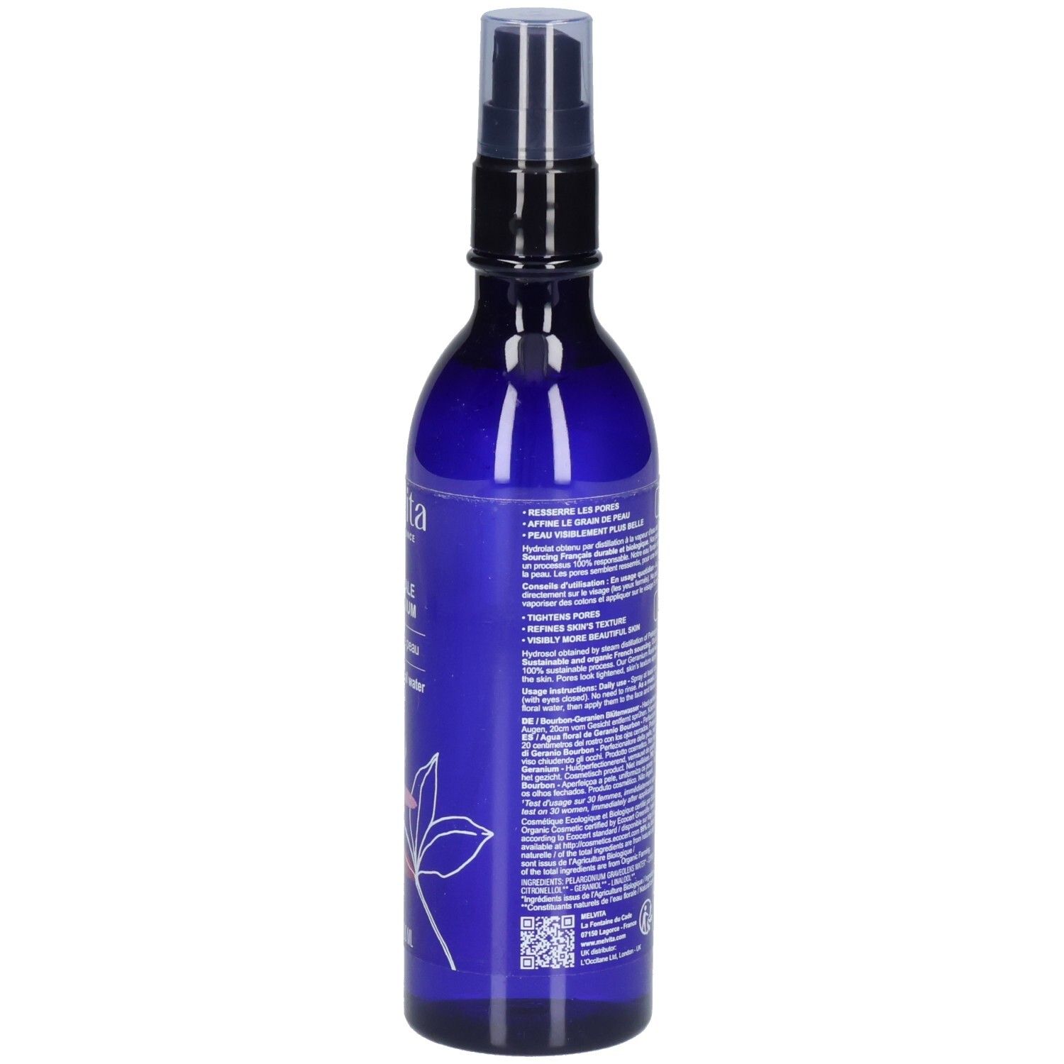 Blaue Flasche mit Sprühkopf. Text auf der Seite. Bio-Zertifizierung. Etikett mit Inhaltsstoffen und Anweisungen.