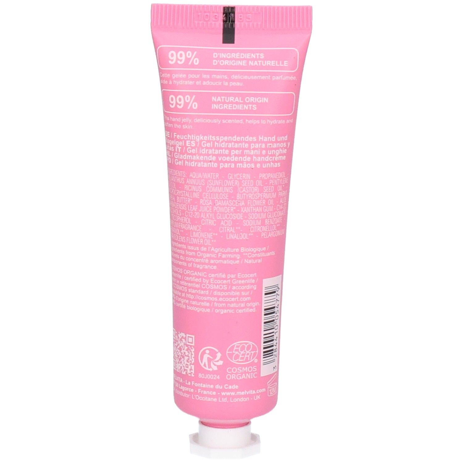 Rückseite der rosa Tube. Aufschriften: 99% Inhaltsstoffe natürlichen Ursprungs. Text in mehreren Sprachen. Cosmo Organic-Siegel.