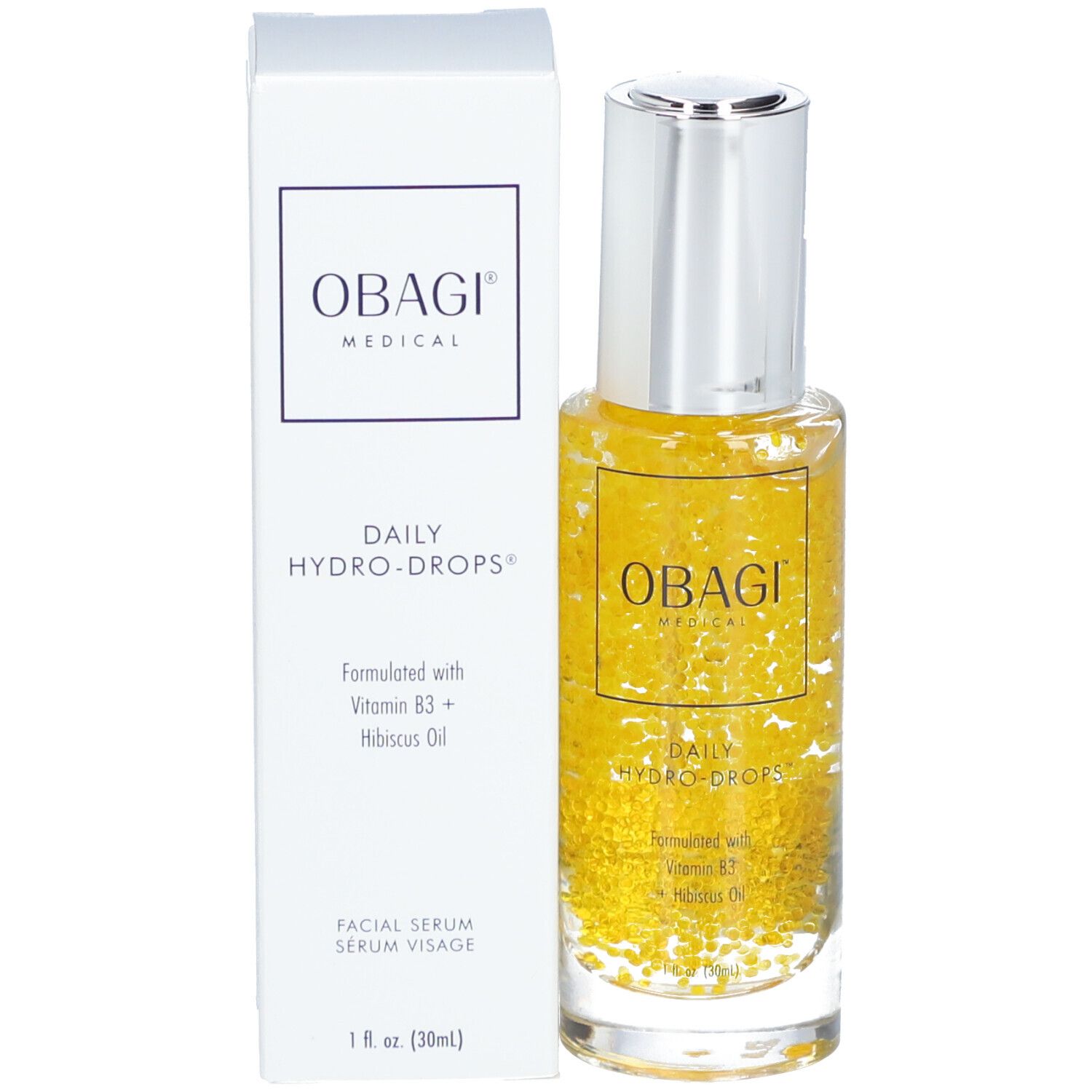 Flacon de sérum avec bouchon argenté et boîte. Liquide jaune avec billes. Inscription : OBAGI MEDICAL, DAILY HYDRO-DROPS.